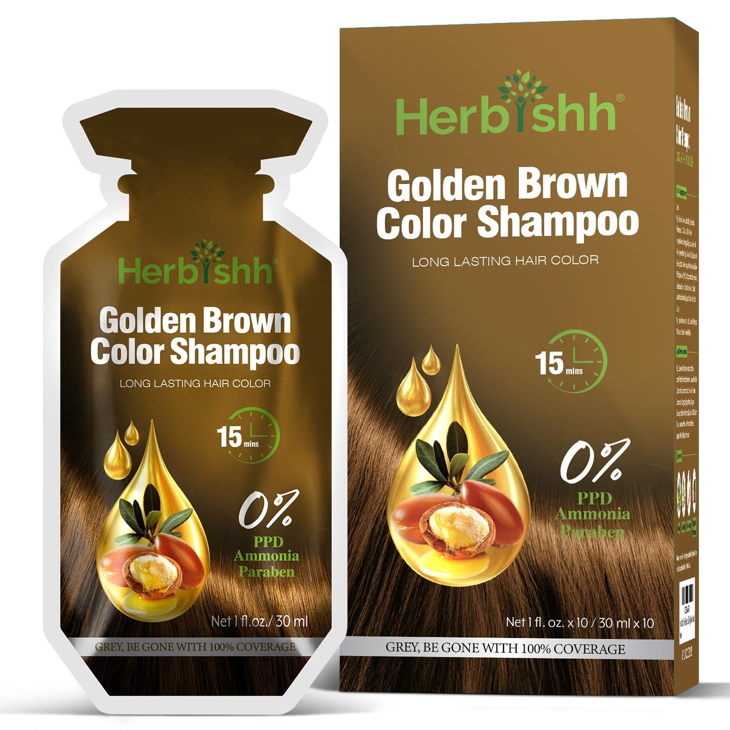 Golden Brown Hair Shampoo, Hair Color for Gray Coverage, 3 in 1 Hair Dye Shampoo - champu para tenir el cabello, Colors in Minutes, Easy to Use PPD Free Pouch 30mlx10p