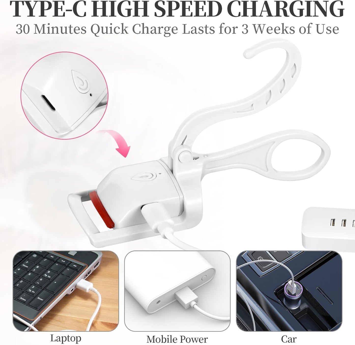 Heated Eyelash Curler, Rechargeable Electric Eyelash Curlers Fast Heat Up in 5s for 24 Hours Long Lasting, C-Shaped Safe Anti-Burn Quick Natural Eyelash Separator Tool Lash Comb (White)