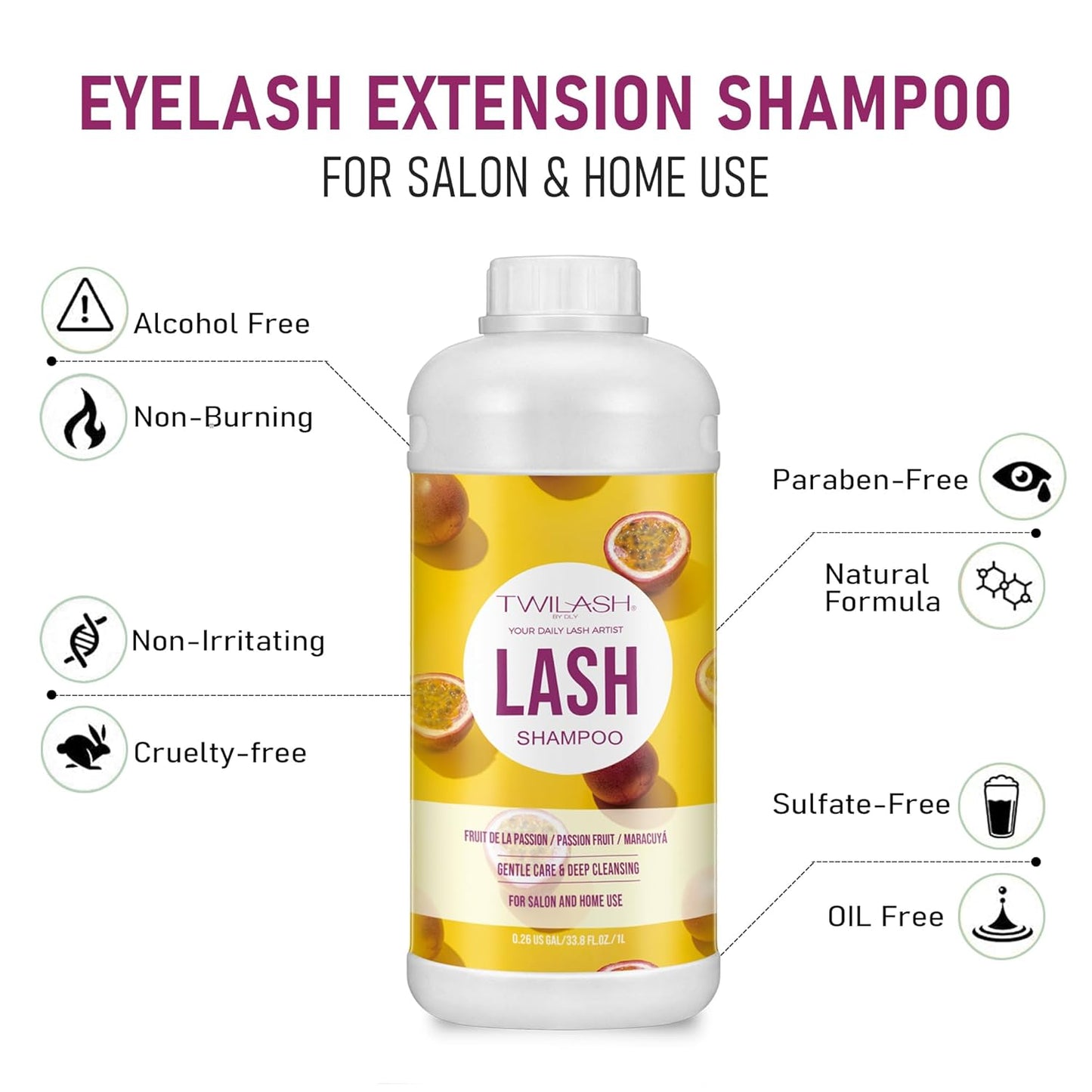 Lash Shampoo Bulk, Eyelash Cleanser for Extensions 2 Liters, Dispenser Pump, Non-irritating or Burning Eyelid Foaming Cleanser for Professional Salon and Home Use (Passion Fruit-1L)