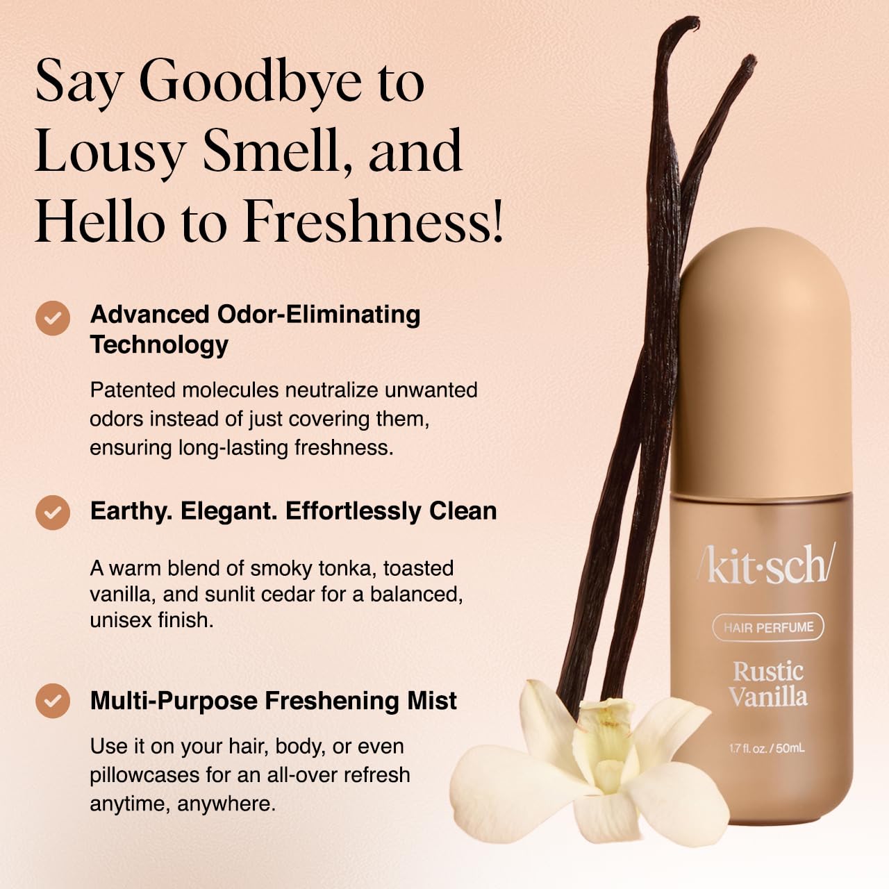 Kitsch Hair Perfume for Women - Rustic Vanilla | Clean, Deodorizing & Patented Odor-Eliminating Technology Hair Spray & Body Mist - Freshen Hair, Pillows - Warm Tonka, Vanilla & Cedar Blend - 50 mL