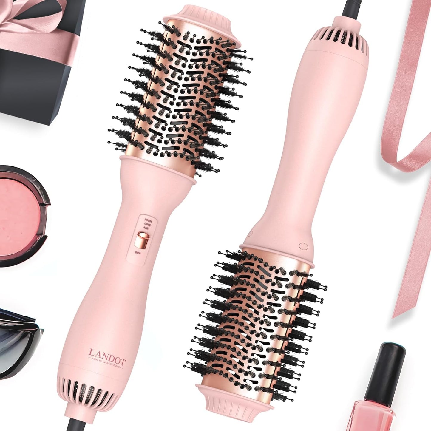 LANDOT Hair Blow Dryer Brush: One-Step Hot Air Brush with 60mm Oval Barrel - 4 in 1 HairDryer Styler and Volumizer for Drying Straightening Curling Volumizing Hair Fight Frizz and Add Volume