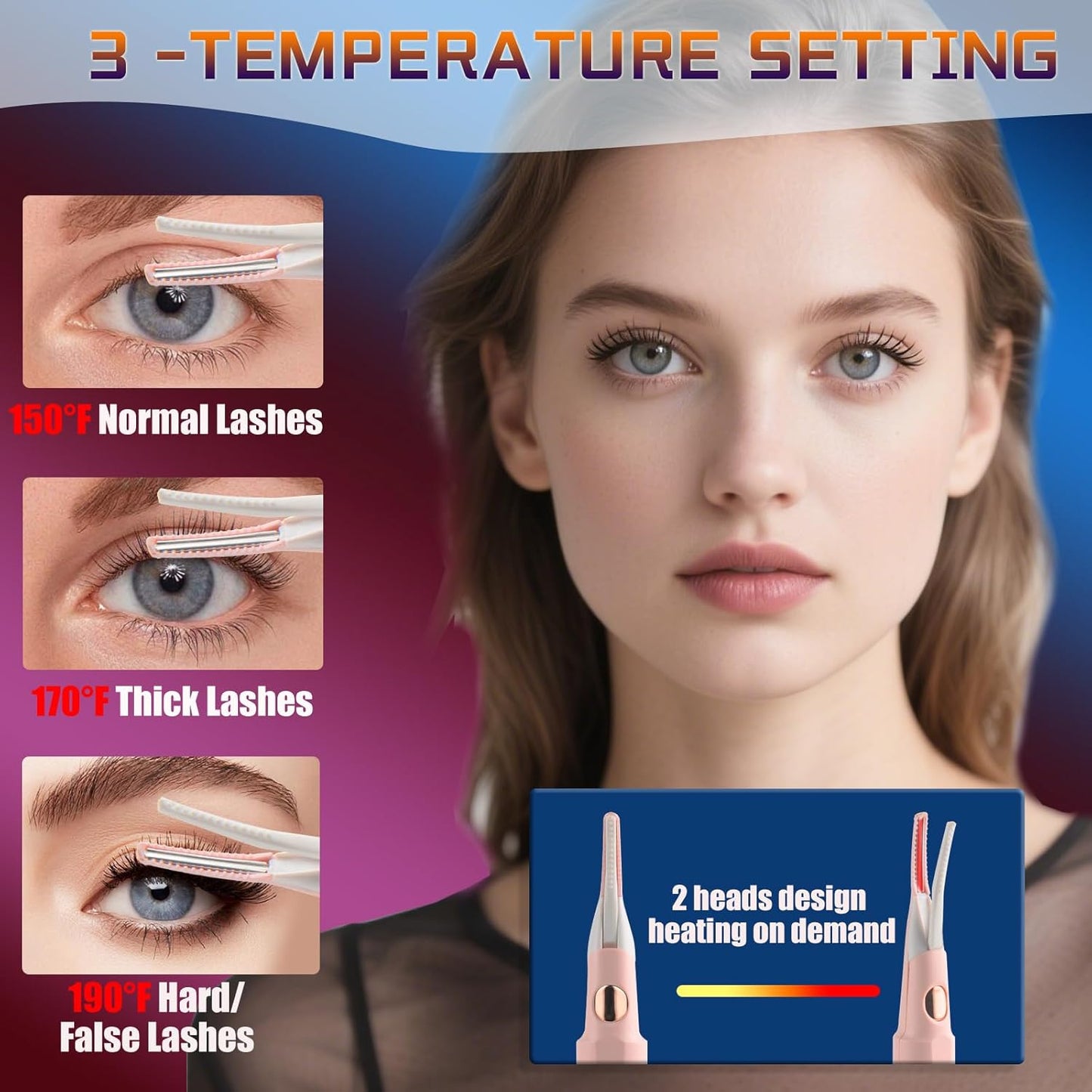 Heated Eyelash Curler - 2 in 1 Clip-Type Electric Lash Curler - 5S Heating - LED Display - 3 Temp Settings - USB Rechargeable - Pink