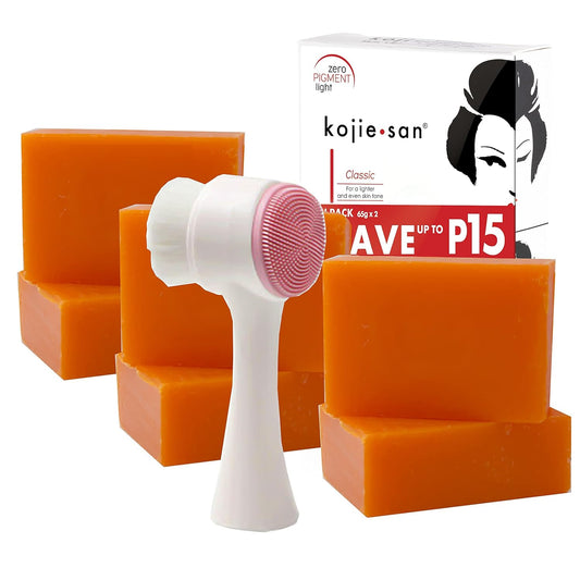 Kojie San Skin Brightening Brush Set - Original Kojic Acid Soap That Helps Reduces Dark Spots & Other Types of Skin Damage – 65g x 6 Bars and Relumins Deep Pore Facial Cleansing Brush