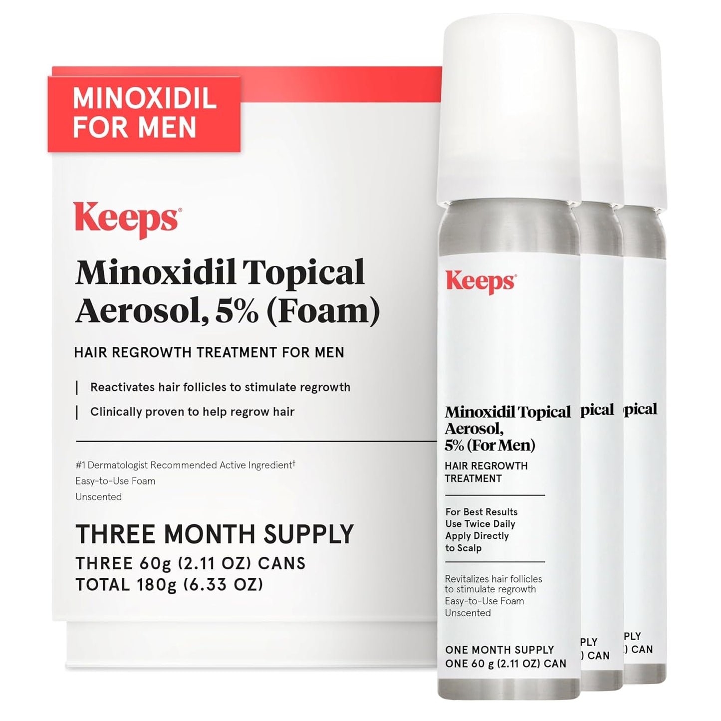 Keeps Extra Strength Minoxidil for Men Topical Aerosol Foam 5%, Hair Growth Treatment - 3 Month Supply (3 x 2.11oz Bottles) - Thicker, Longer Hair - Slows Hair Loss & Promotes Hair Regrowth
