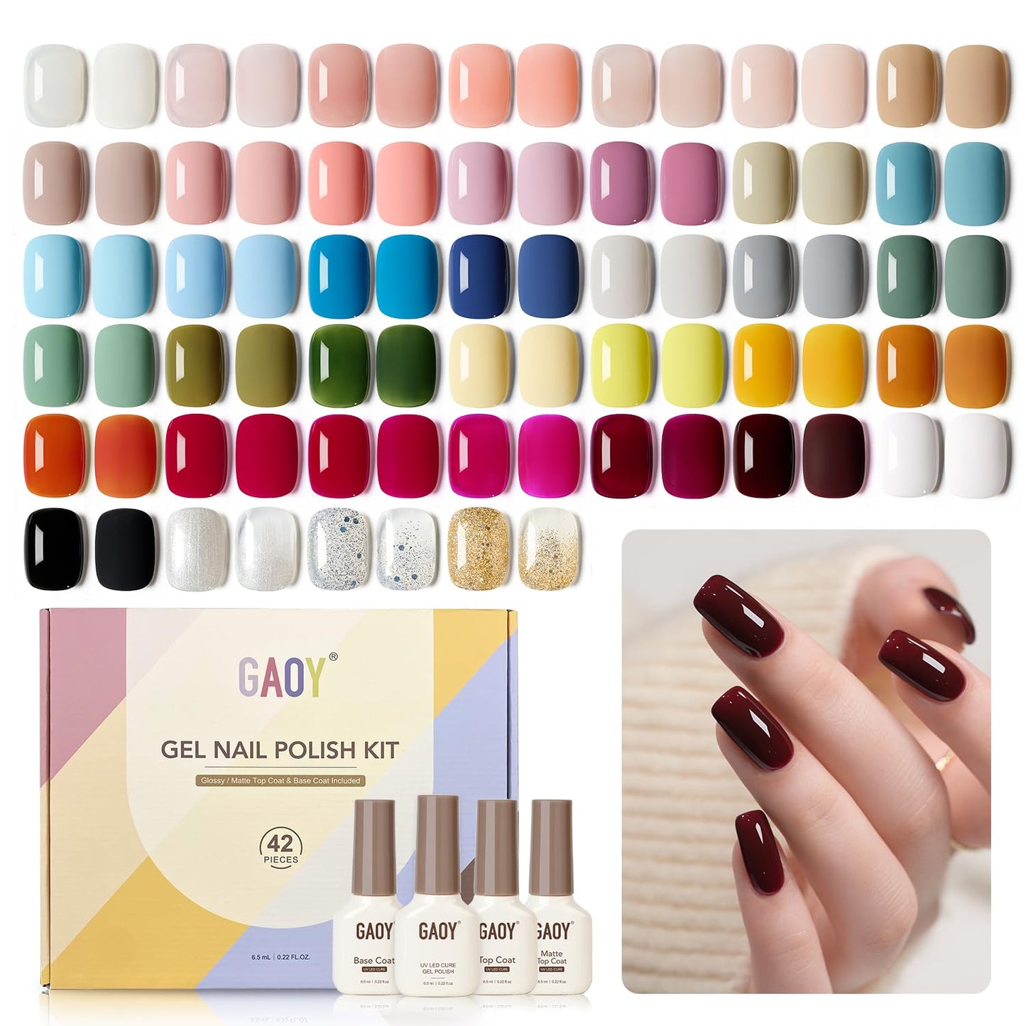 GAOY 42 Pcs Gel Nail Polish Kit, Black White Jelly Nude Pearl Glitter Colors All Seasons Gel Nail Polish Set with Glossy & Matte Top Coat and Base Coat for Salon and DIY Manicure at Home