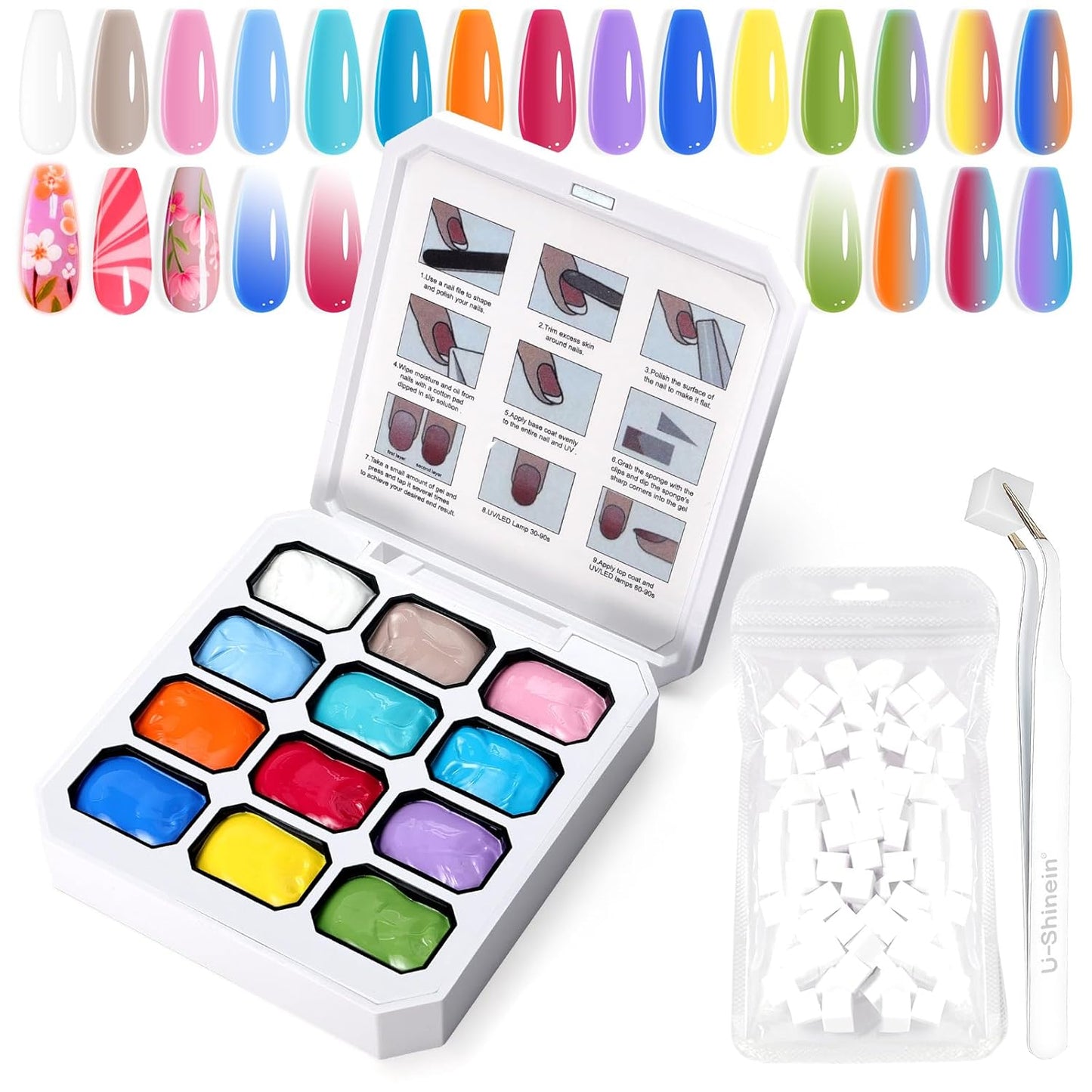 Gradient Painting Gel, 12 Bright Colors Ombre Gel Nail Polish for Pigment Pat Aura Nails, French Manicure DIY Nail Art Long-lasting No-wipe Candy Palette Jam Jar Set
