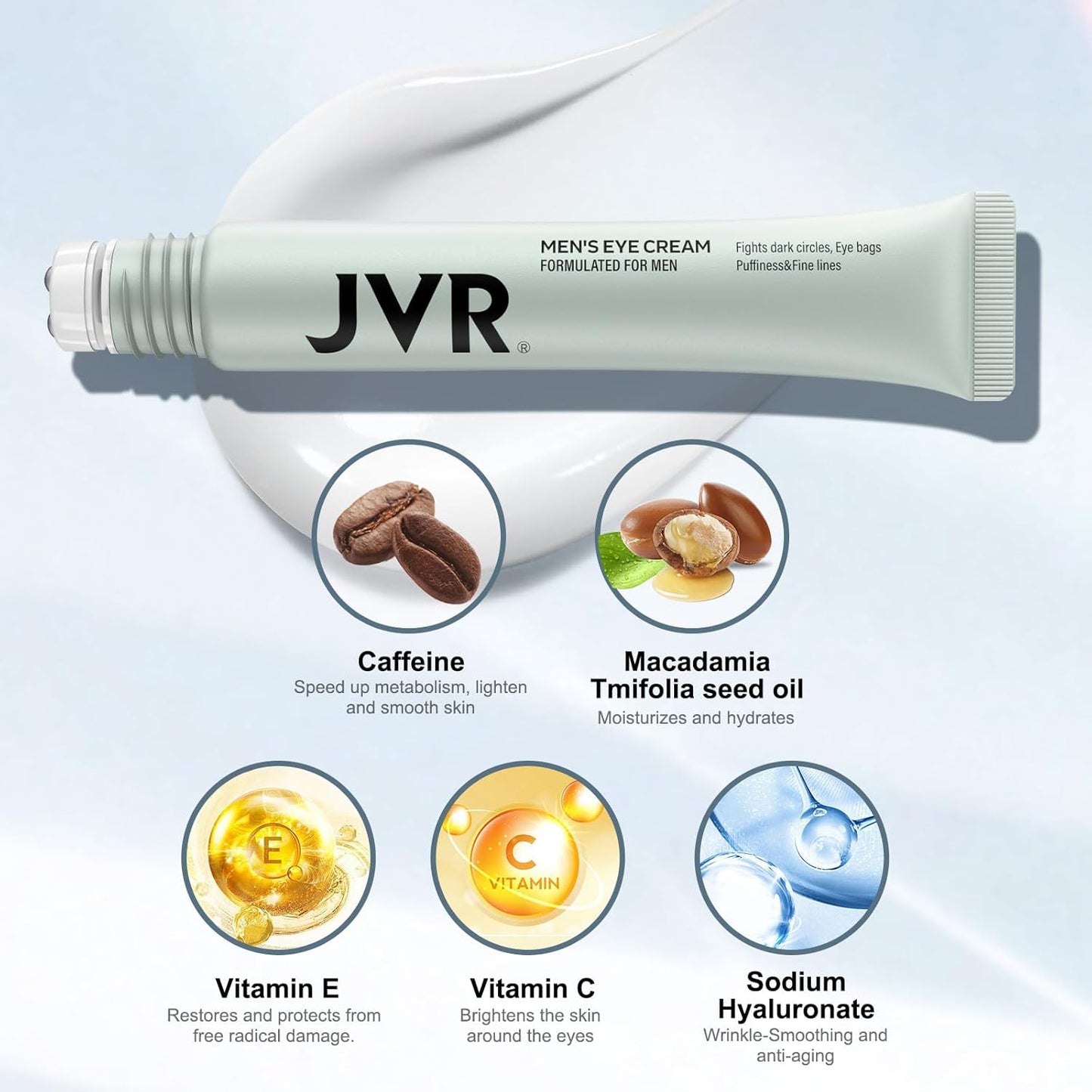 JVR Caffeine Eye Cream and Under Eyes Roller for Dark Circles and Puffiness, Fine Lines, Under-Eyes Bags, Eye Serum with Vitamin C, Hyaluronic Acid, 20 ml