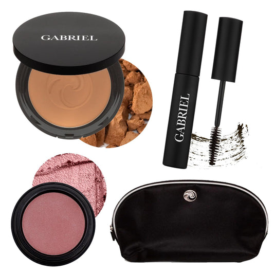 Gabriel Cosmetics About Face Set- Dual Powder Foundation (Deep Beige), 3-in-1 Multi Pot (Florentina), Mascara (Black) and Gabriel Makeup Bag (Deep Beige SET)