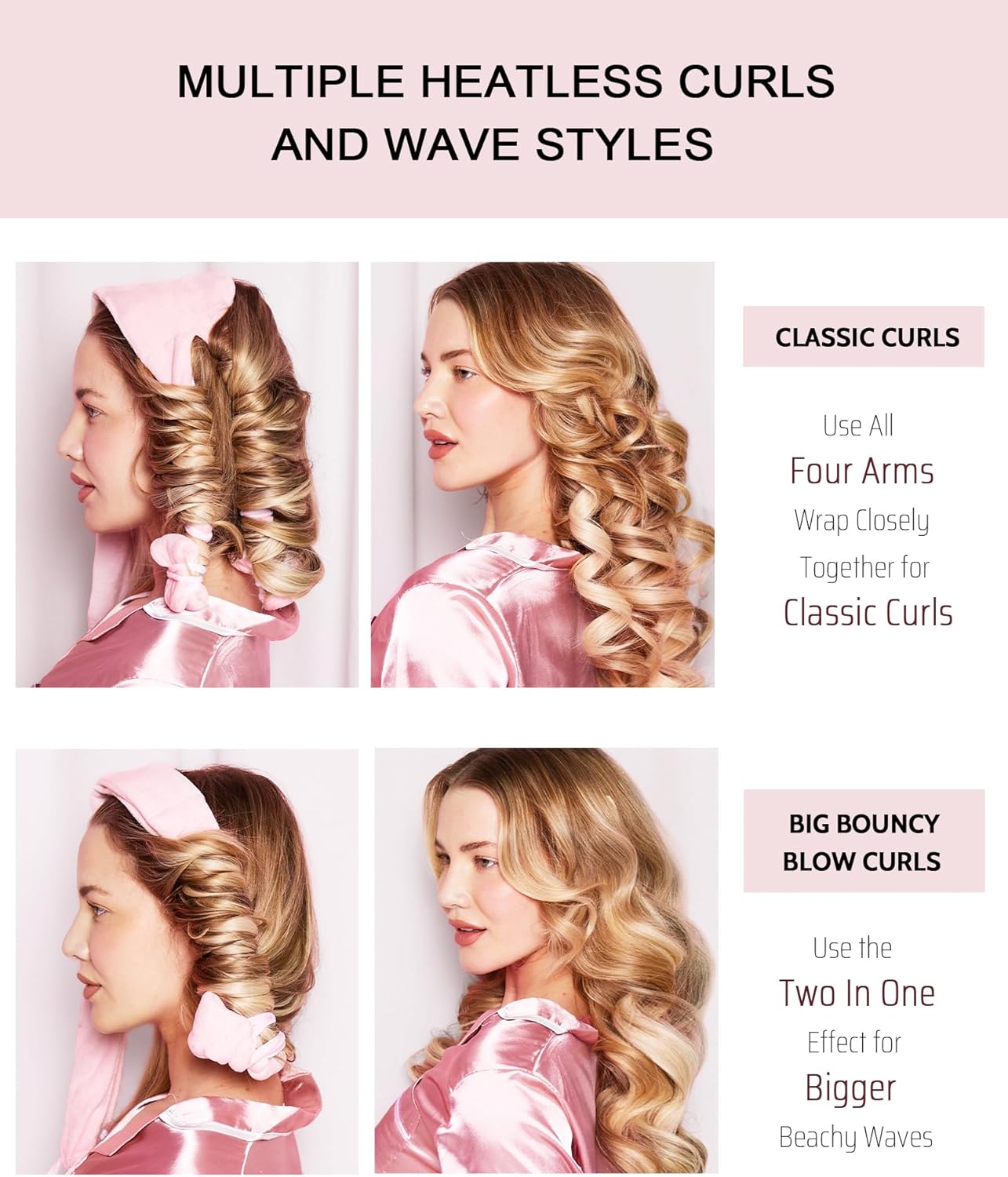 Heatless Hair Curler Curls Overnight Rods No Heat Hair Curlers to Sleep in, Soft Heatless Curling Ribbon Set with Clip Hair Rollers for Blowout Look Long Short Hair, Blush Pink