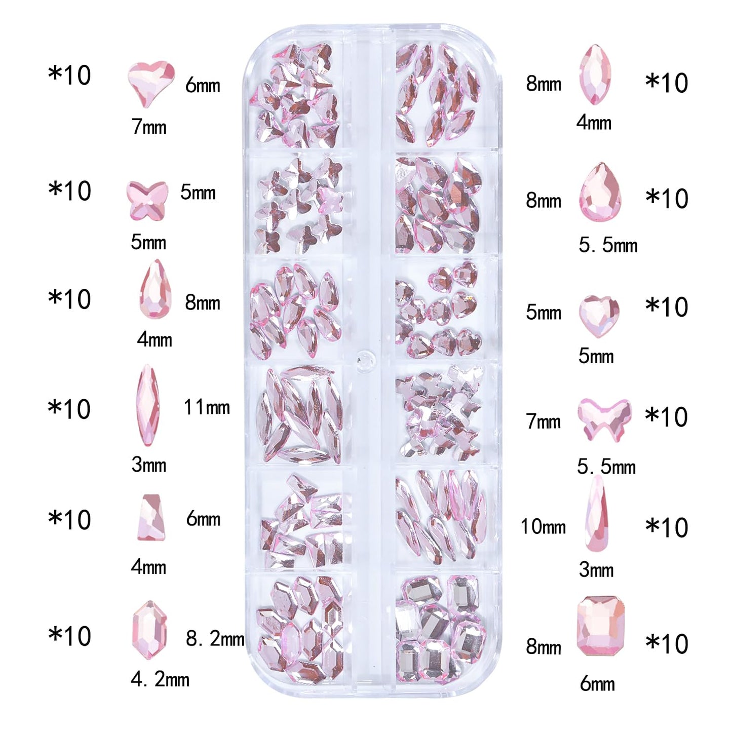 HNUIX Nail Rhinestones - 3D Multi Shape Size Crystal, Light Pink Nail Gems, Flat Back, with Kit, for Nail Art, DIY Decorations
