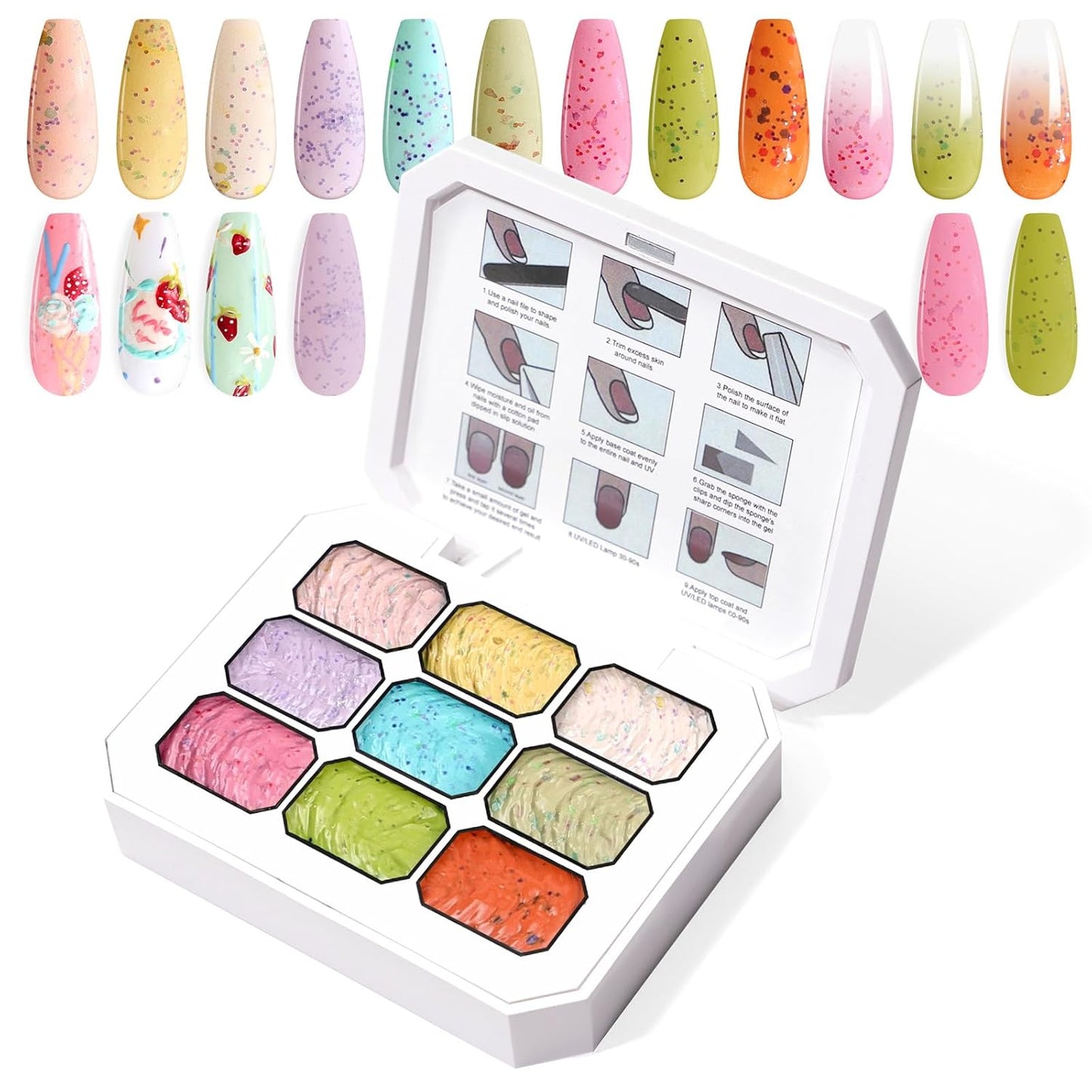 Gradient Painting Gel, 9 Colors Ombre Gel Nail Polish for 3D Sculpture Gel comes with Dotted Decorations Aura Nails French Manicure Soak Off UV Long-lasting Home Salon DIY Candy Cane Cream