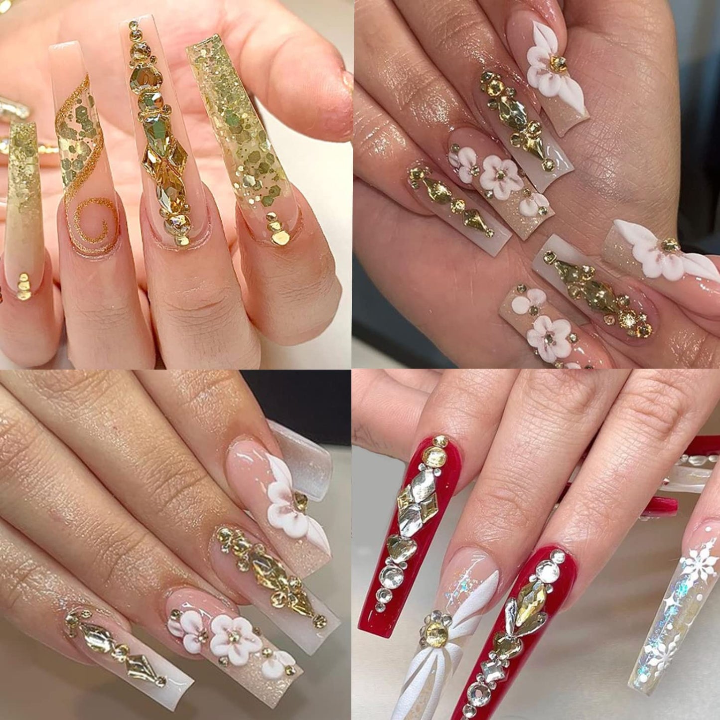 HNUIX Nail Rhinestones - 3D Multi Shape Size Crystal, Champagne Gold Nail Gems, Flat Back, with Kit, for Nail Art, DIY Decorations