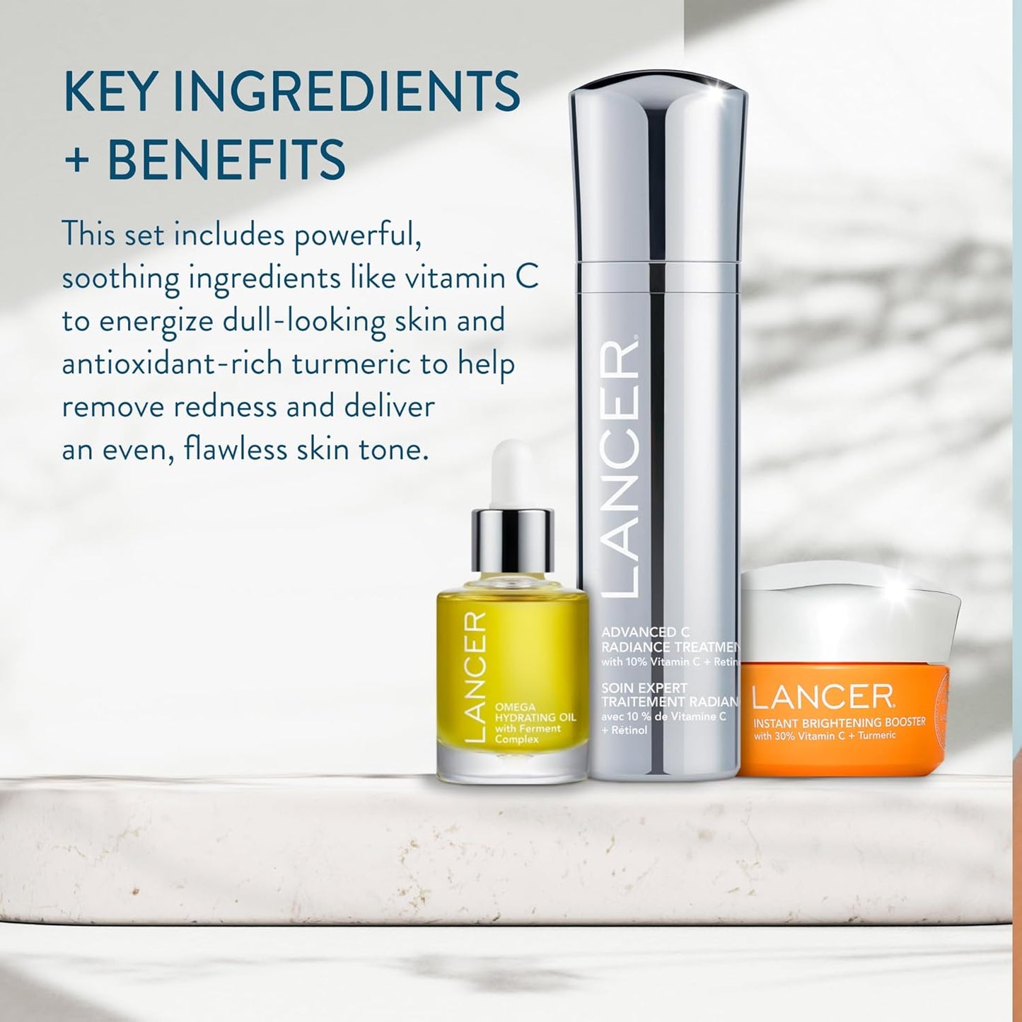 Lancer Skincare Bright & Radiant 3-Piece Set with Instant Brightening Booster, Omega Hydrating Oil, and Advanced C Radiance Treatment for Glowing Skin