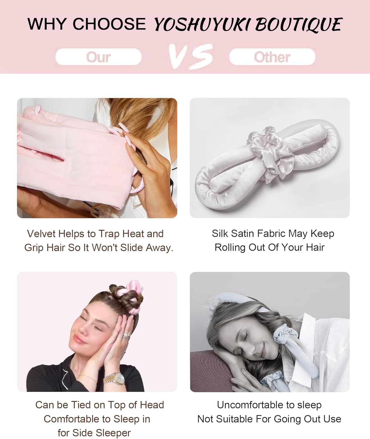 Heatless Hair Curler Curls Overnight Rods No Heat Hair Curlers to Sleep in, Soft Heatless Curling Ribbon Set with Clip Hair Rollers for Blowout Look Long Short Hair, Black