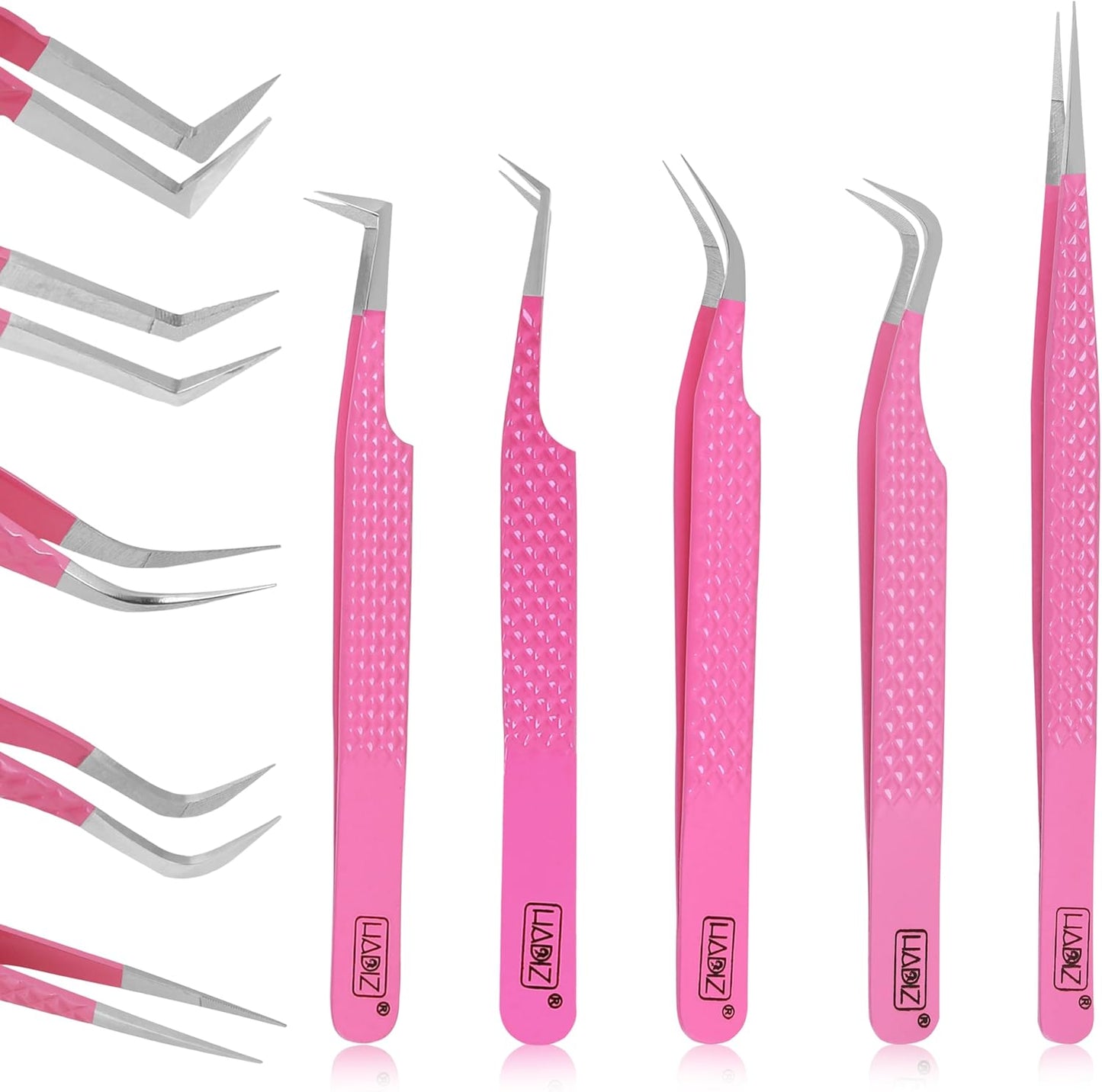HADIZ Fiber Tip Eyelash Extension tweezers Lash Tweezer Japanese Steel set of five (Raspberry)
