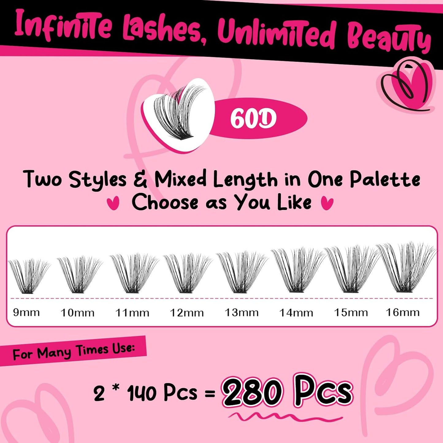 Lash Clusters Kit 280pcs Lash Clusters D Curl Eyelash Extension Kit Individual Lashes with Lash Bond and Seal Lash Applicator Easy to Apply at Home(60D-9-16mix Kit)