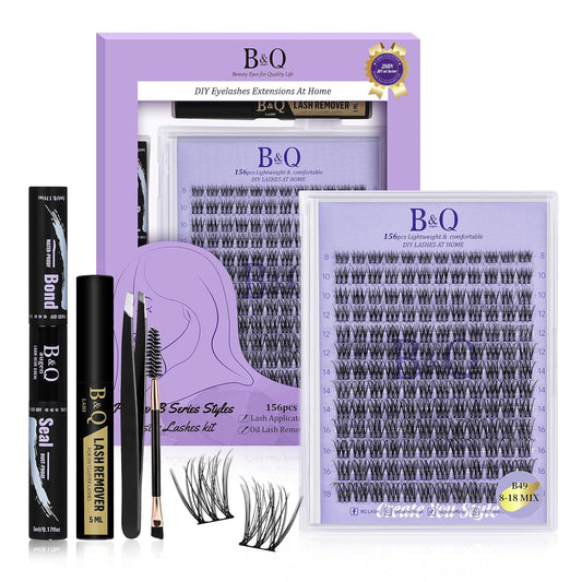 Lash Extension Kit B49 Eyelash Extension Kit B&Qaugen DIY Lash Extension Kit 156 PCS Lash Clusters 8-18mm Cluster Eyelash Extensions Kit with Lash Bond and Seal Lash Applicator Tool (Kit,B49)