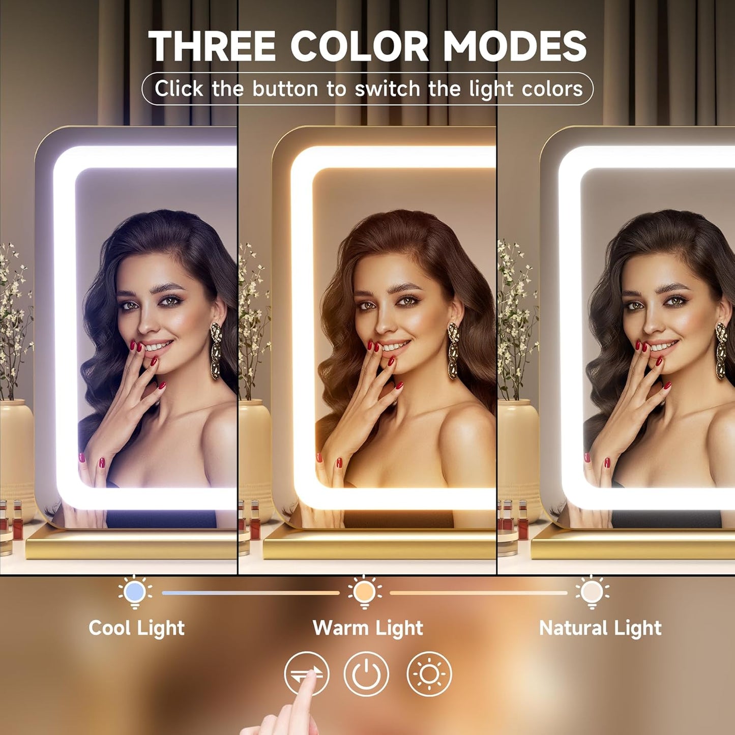 Hasipu Vanity Mirror with Lights, 39.4" x 30" LED Makeup Mirror, Lighted Makeup Mirror with Dimmable 3 Modes, Touch Screen Control Vanity Mirror Round Gold