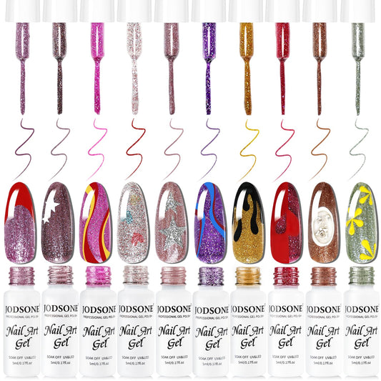 JODSONE Nail Art Gel Liner Set 10 Colors Glitter Purple Gold Green Gel Nail polish Need U V Lamp Cured with Thin Brush at Home Salon Design