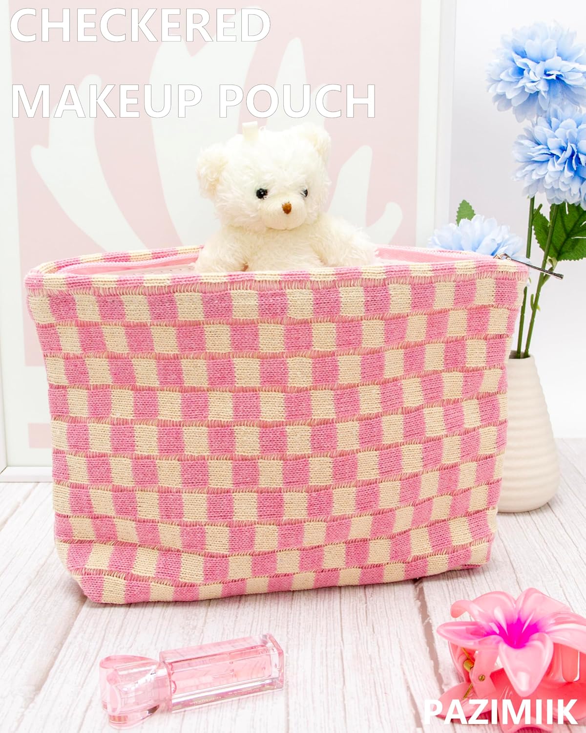 Knitted Checkered Makeup Bag Large Zipper Make Up Accessory Pouch for Purse Cosmetic Brush Bag for Travel Essential Pink Beige