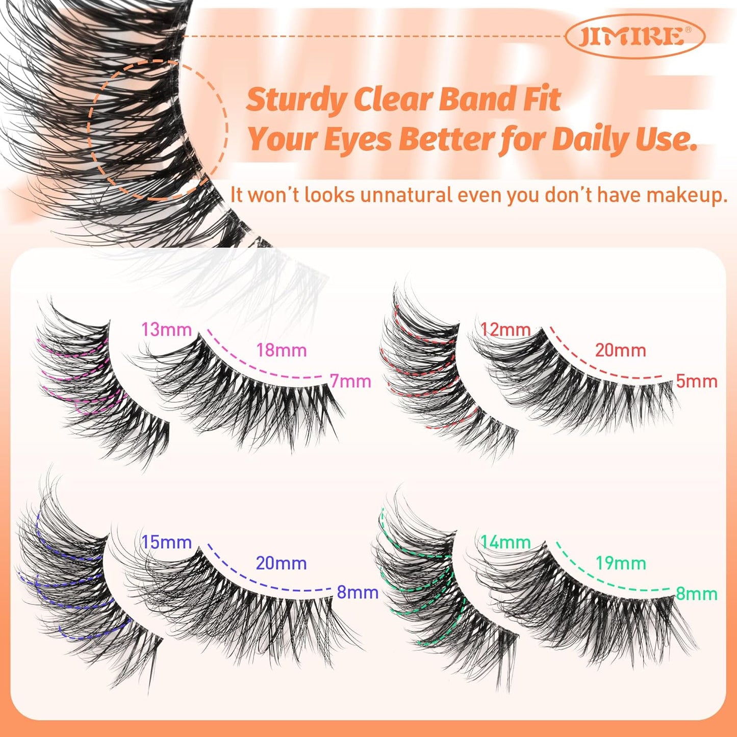 JIMIRE 20 Pairs Hlaf False Eyelashes with Clear Band Half Lashes Wispy Short Accent Lashes 4 Styles Mixed Cat Eye Mink Lashes Fluffy 3/4 Corner Fake Half Lashes Cat Eye Natural Look