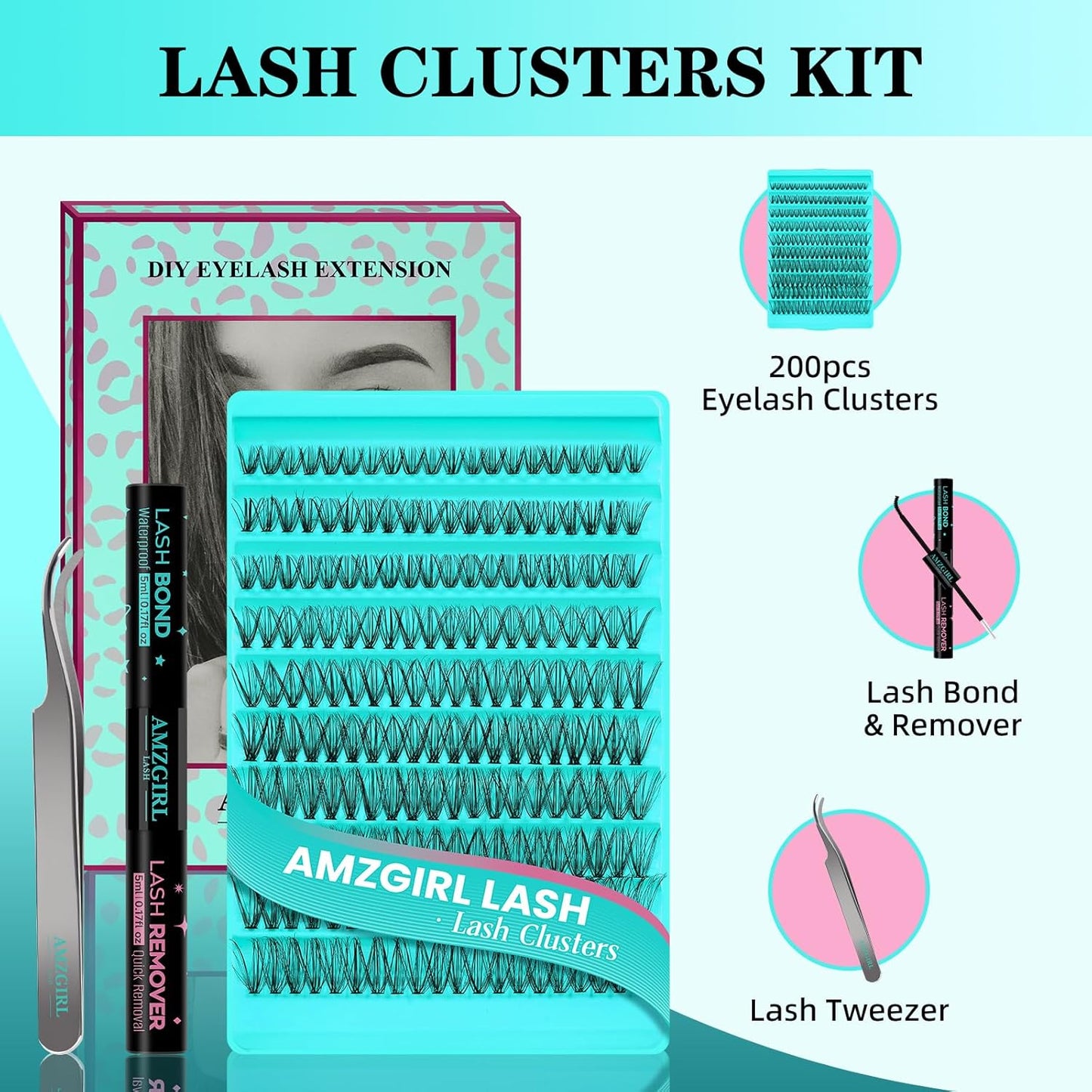 Lash Clusters Kit 200PCS 30D Eyelash Extension Kit D Curl Wispy Eyelash Clusters DIY Natural Individual Lashes Kits Lashes Extensions Kit with Lash Bond and Remover Eyelash Tweezer at Home