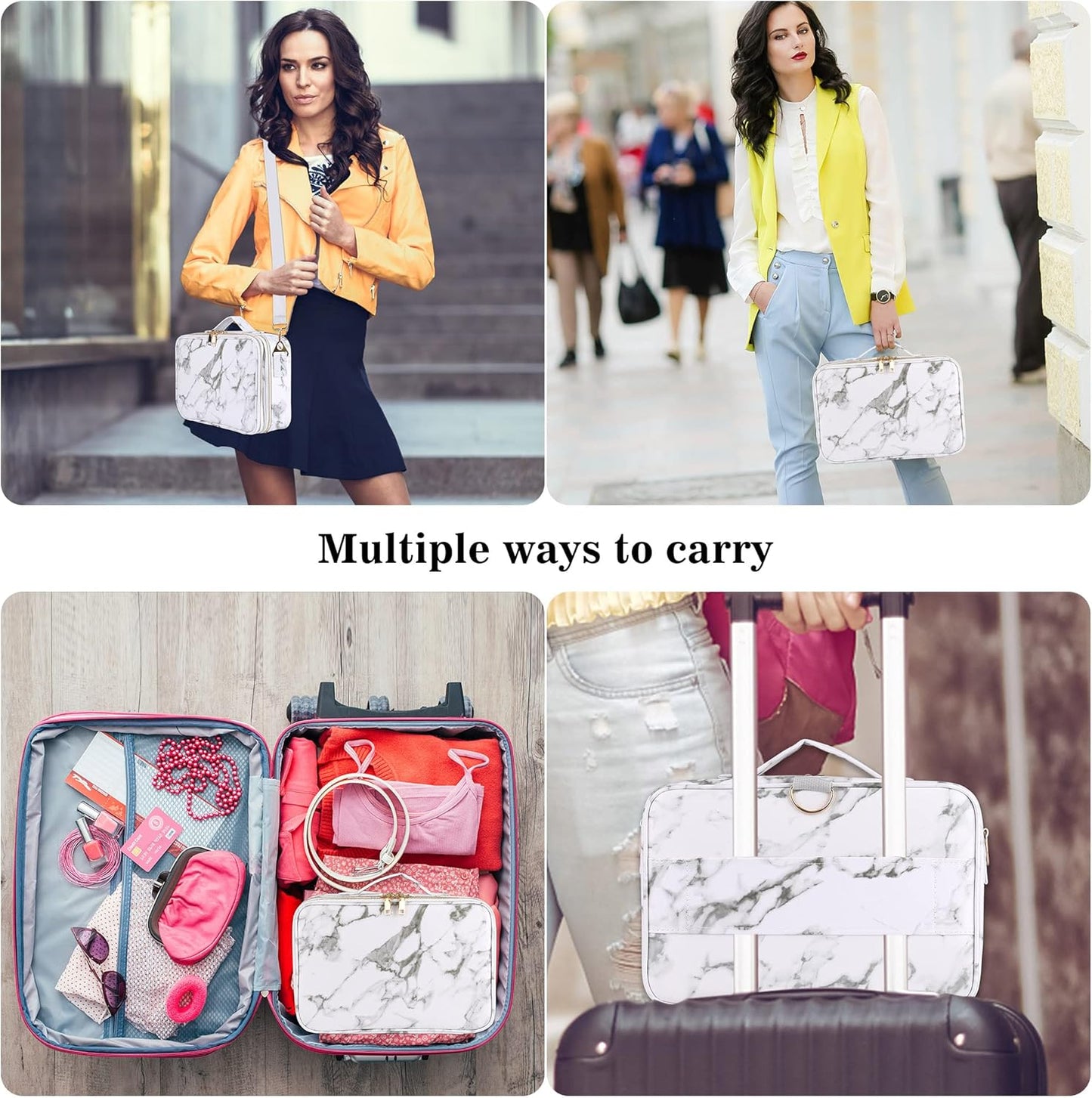 JOURMON Travel Makeup Case 3 Layers Makeup Train Case Marble Makeup Bag Organizer Portable Artist Storage Bag with Adjustable Dividers and Shoulder Strap (Marble white)