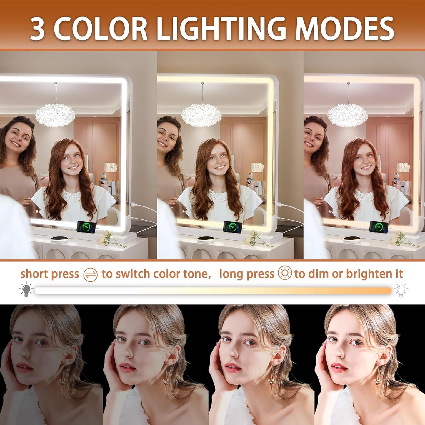Hasipu Vanity Mirror with Lights, 47.2" x 30" LED Makeup Mirror, Lighted Makeup Mirror with Dimmable 3 Modes, Touch Screen Control Vanity Mirror Round White
