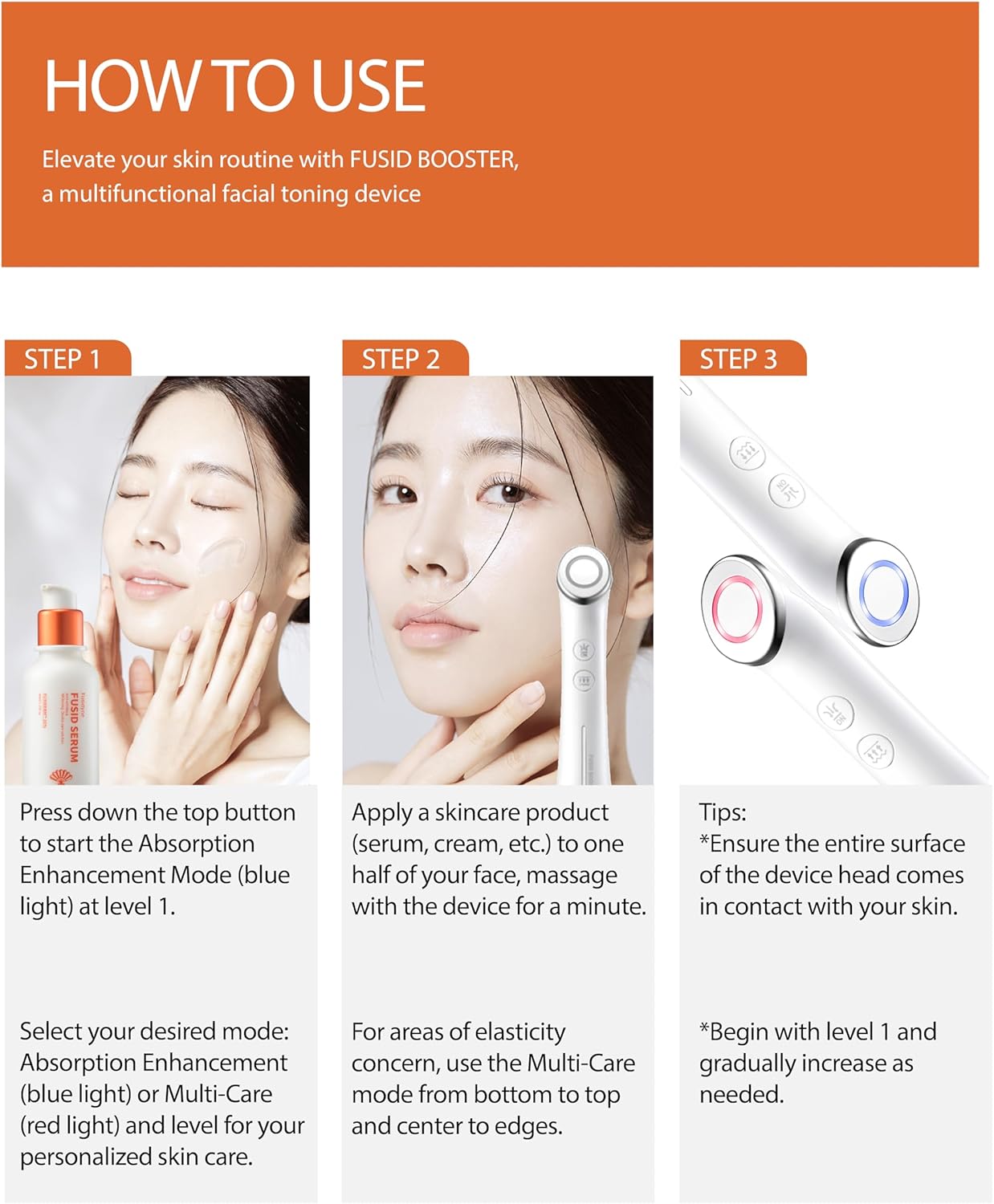 Fusid Booster - - Microcurrent Facial Toning Tool. Korean Skincare for Skin Elasticity, Density, Radiance. Multi-Functional Skin Tightening Massager