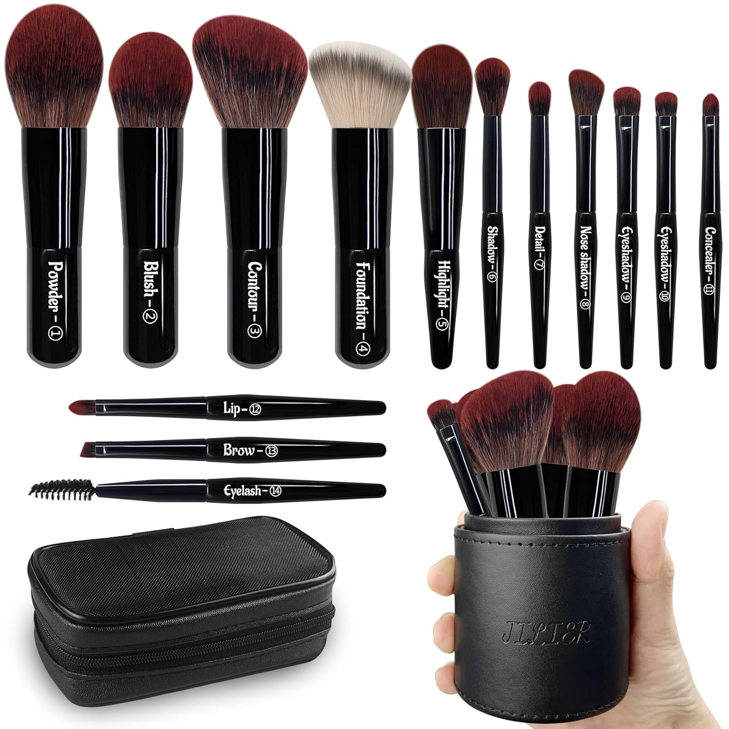 Jilier Travel Makeup Brush Set, 14 pcs Mini Makeup Brushes for Foundation, Powder, Eyeshadow, Highlight, Contour, Blush & Concealer, Small Makeup Brush Set Purse Size with Case (Black)