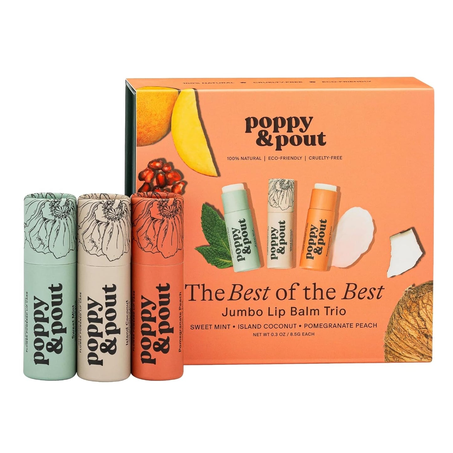 Jumbo Lip Balm Gift Set (3-Pack, Top Flavors) | Poppy & Pout All Natural Lip Balms & Moisturizers | Hydrates with Beeswax, Vitamin E, Organic Coconut Oil | Cruelty-Free | Recyclable Cardboard Tube