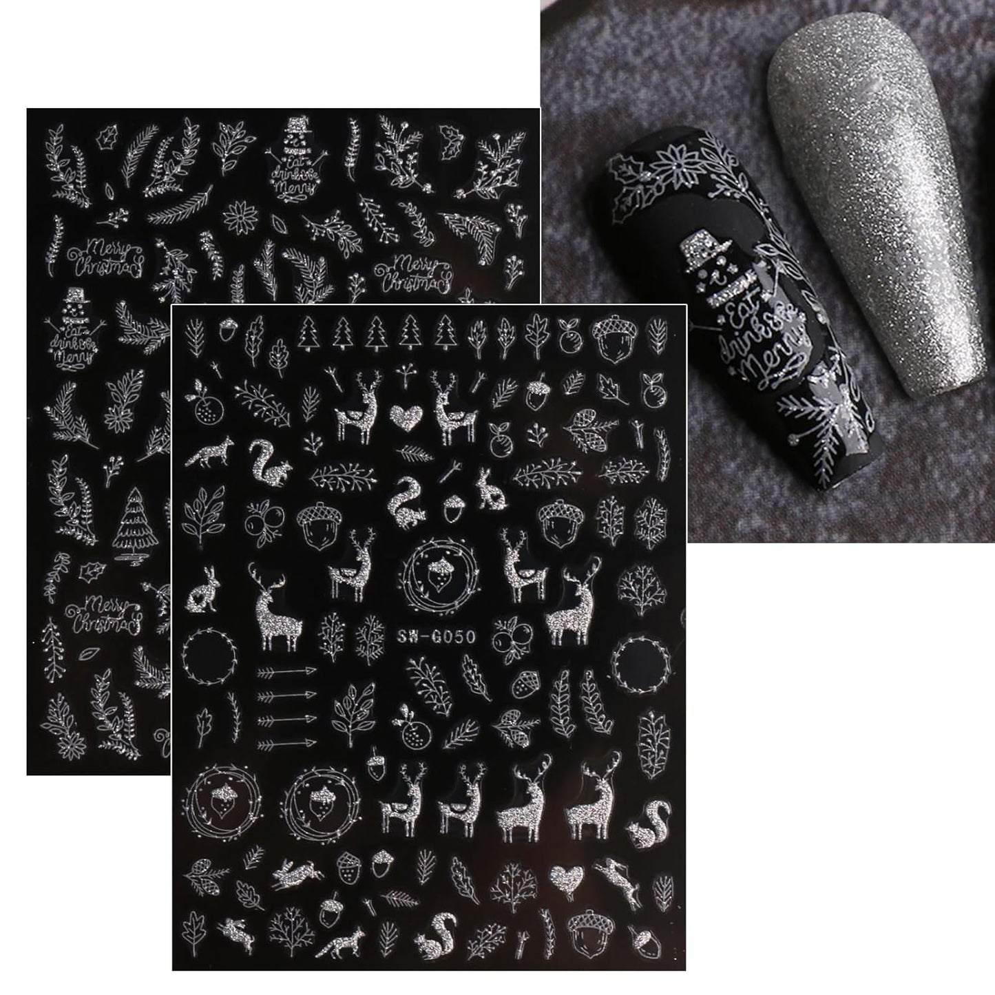 JMEOWIO 9 Sheets Christmas Glitter Nail Art Stickers Decals Self-Adhesive Snowflake Winter Holiday Silver Nail Supplies Nail Art Design Decoration Accessories