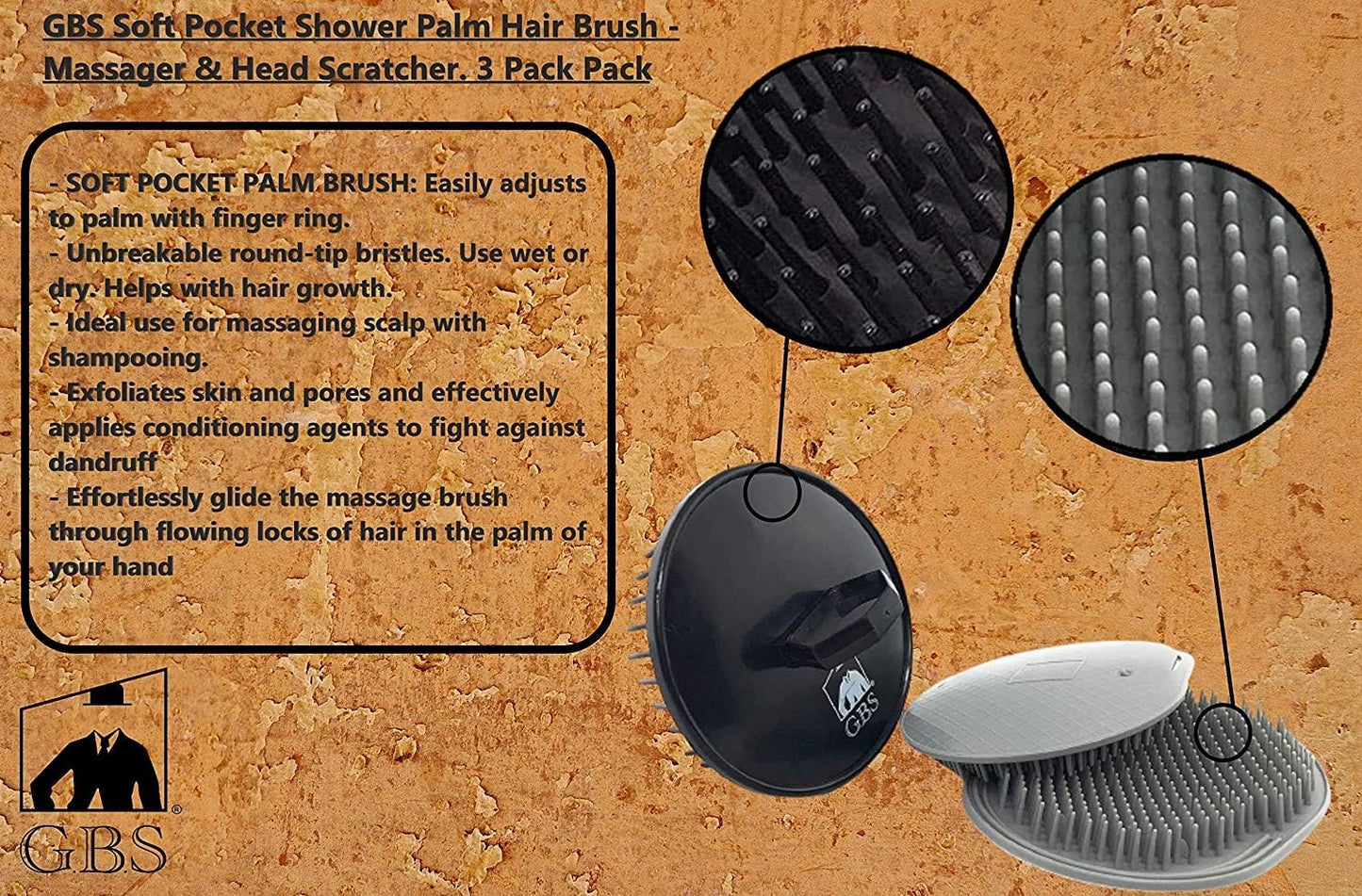 G.B.S Head Shampoo Scalp Massager Brush and Soft Palm Pocket Comb for All Hair Types, Pack of 6 (2 Black and 4 Gray)