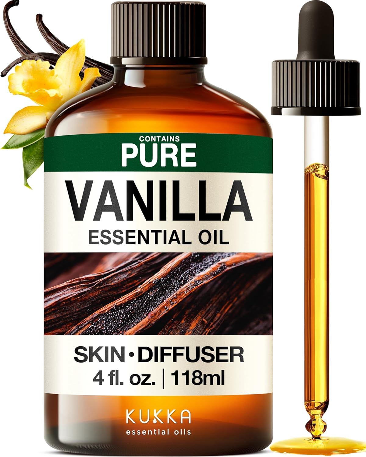 Kukka Vanilla Essential Oil for Diffuser & Skin - 4 Fl Oz - Vanilla Oleoresin Essential Oil - Long Lasting Perfume, DIY Soap Making Scents