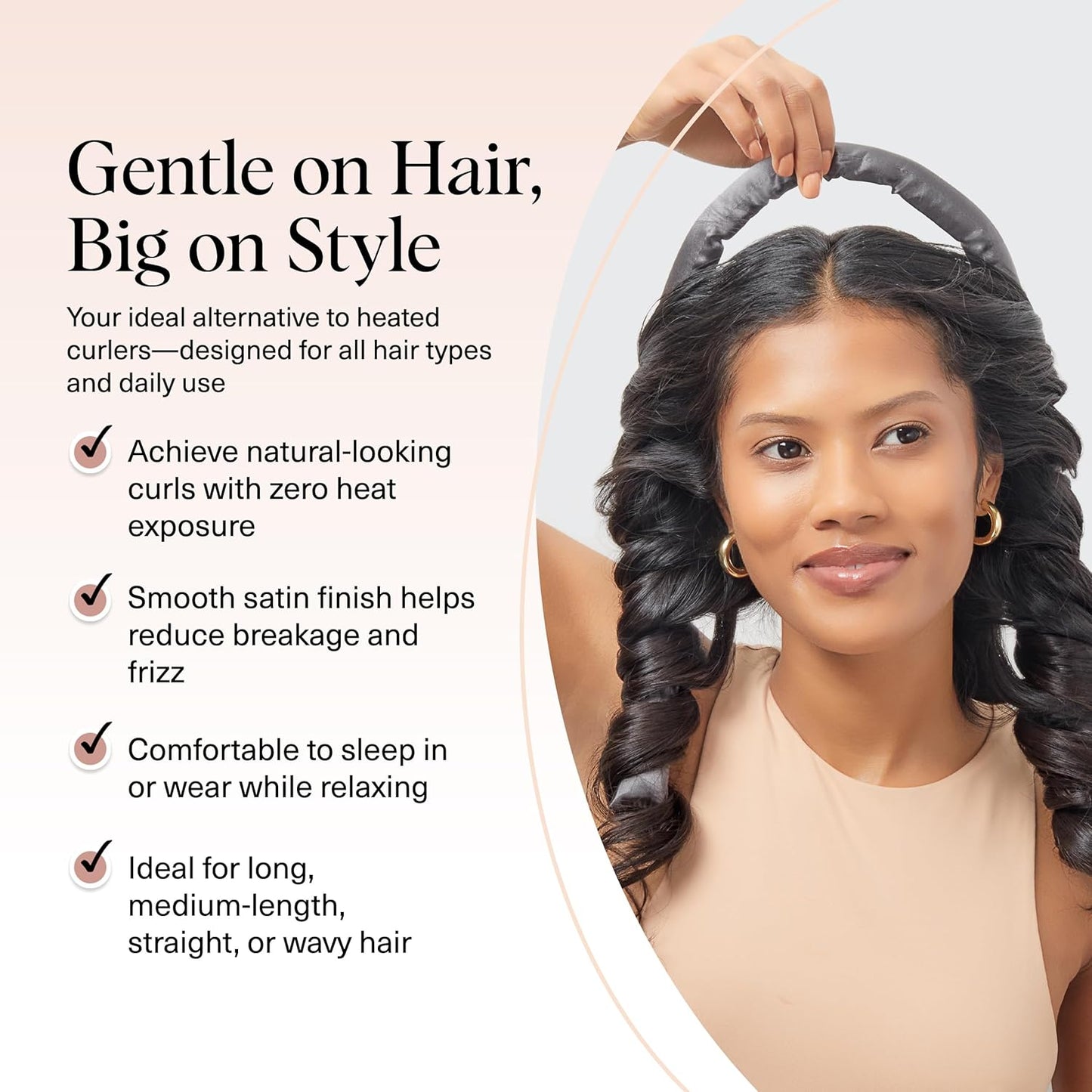 Kitsch Satin Heatless Curling Set – Heatless Hair Curler for Women, Hair Curler to Sleep In - with 2 Satin Scrunchies for Overnight Curls – No Heat Damage Styling with Heatless Curler - Charcoal