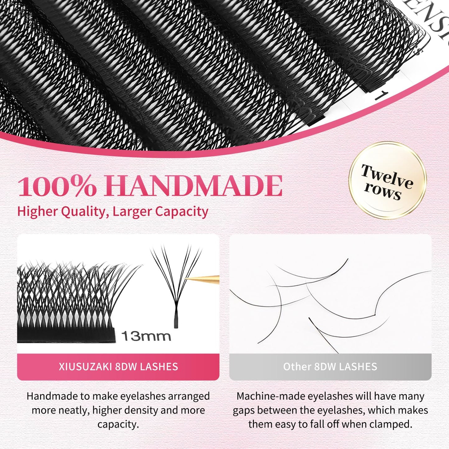 Lash Extensions Double Tips 4D Eyelash Extensions W Shape 0.07mm Thickness C Curl 9mm Premade Fans Easy Fan Volume Lashes Matte Black Crisscross(W-4D-Double Tips-0.07-C,9mm)