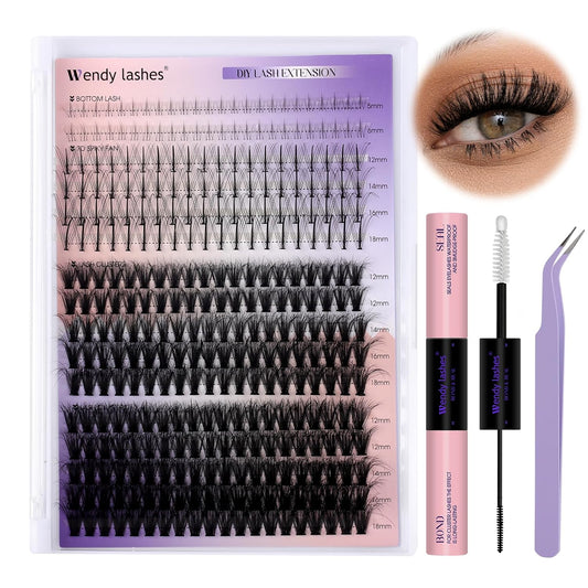 Lash Clusters Kit With Bottom Lashes 40/50/60/80/100/200D DIY Lash Extension Kit/3D Curl 12-18mm Multi-types Individual Lashes Bond and Seal, Spike, Volume Lashes Kit Lash Applicator(40/50 3DKit)