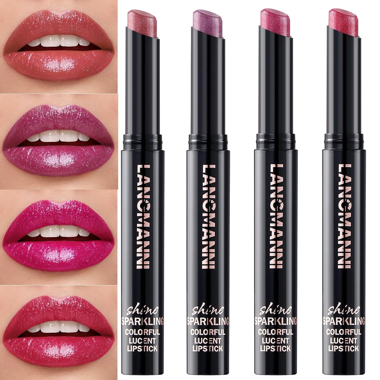 Jolilab 4pcs Sparkling Lipstick Set, Diamond Shiny Bold Glow Goth Lipstick for Women Girls, Non-sticky, Waterproof, Moisturizing, Metallic Shine, Long Lasting