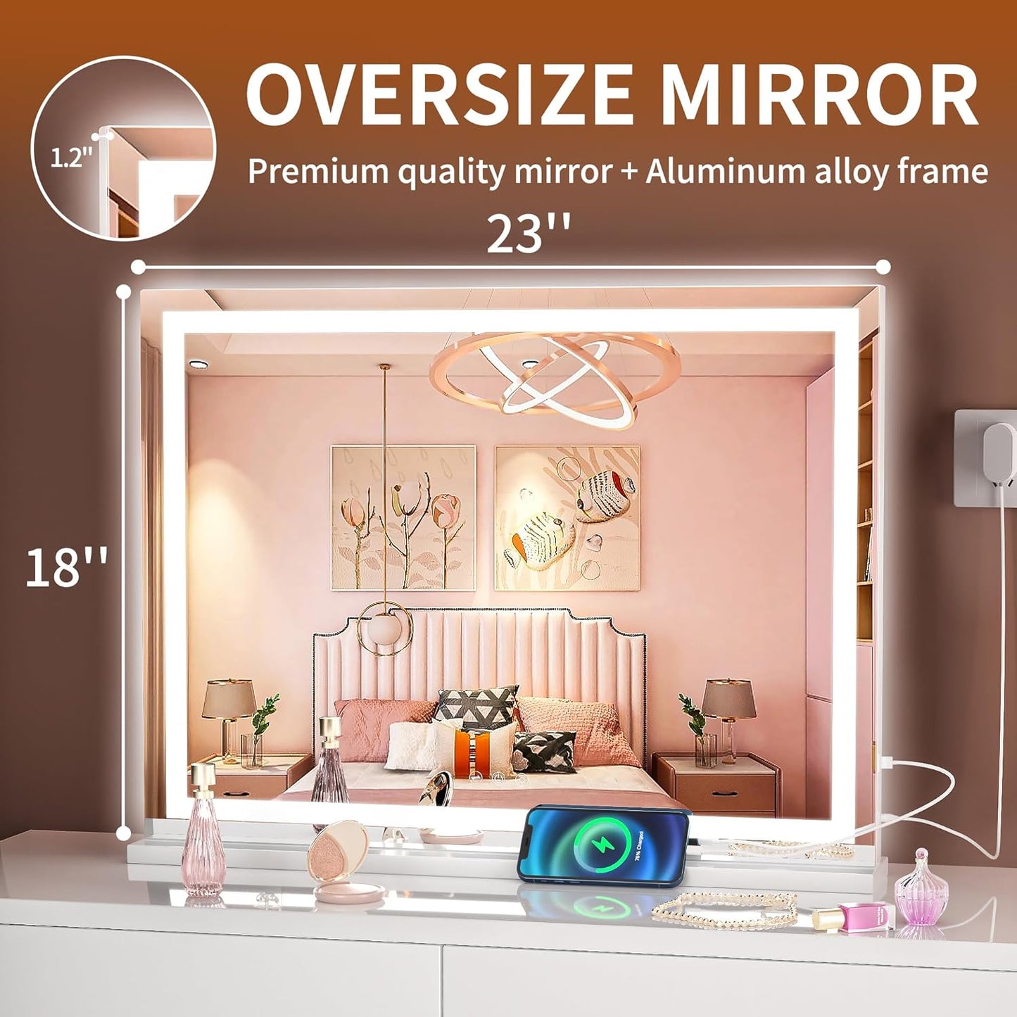 Hasipu Vanity Mirror with Lights, 23" x 18" LED Makeup Mirror, Lighted Makeup Mirror with Dimmable 3 Modes, Touch Screen Control Vanity Mirror Square White