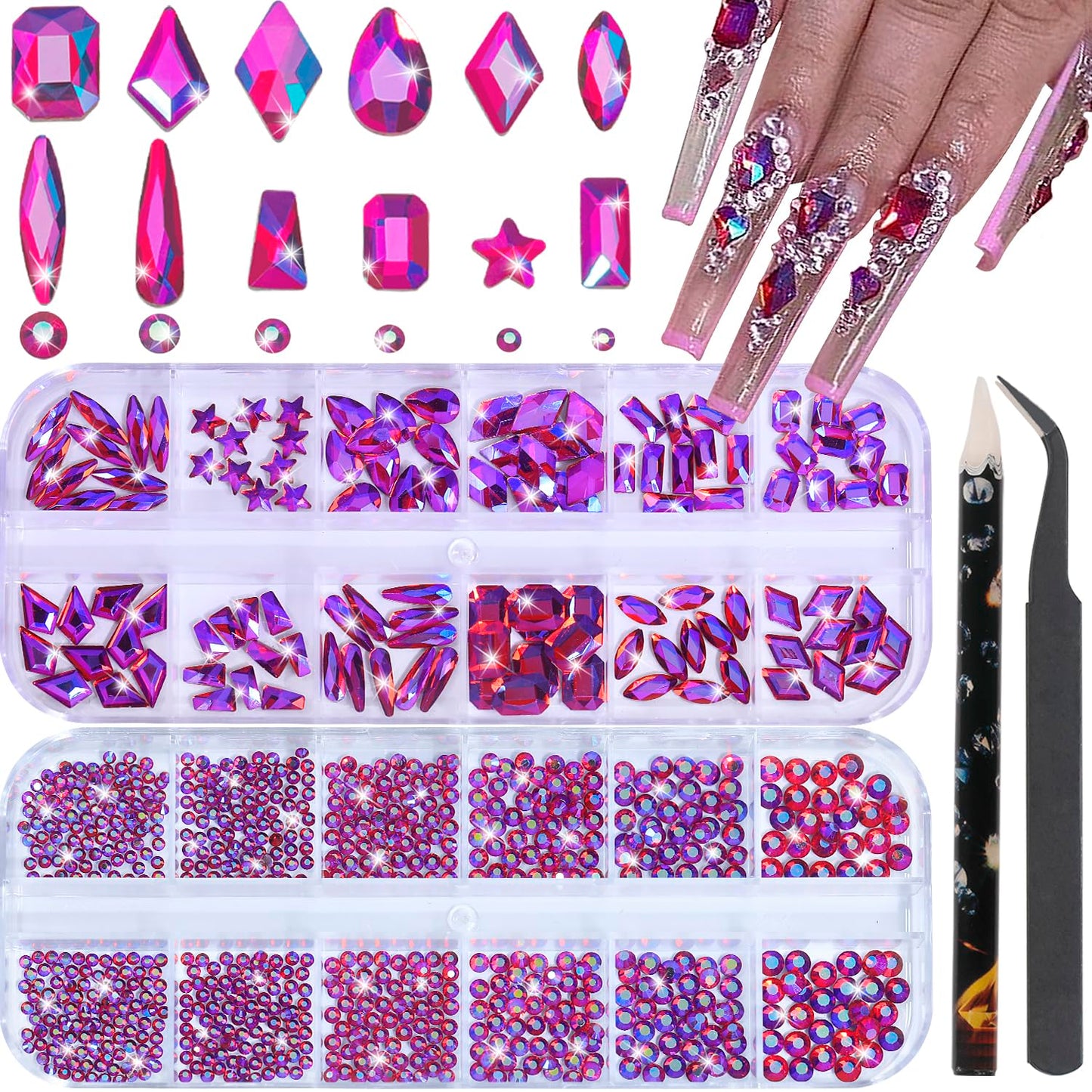 HNUIX Nail Rhinestones - 3D Multi Shape Size, Crystal AB Red Nail Gems, Flat Back, with Kit, for Nail Art, DIY Decorations