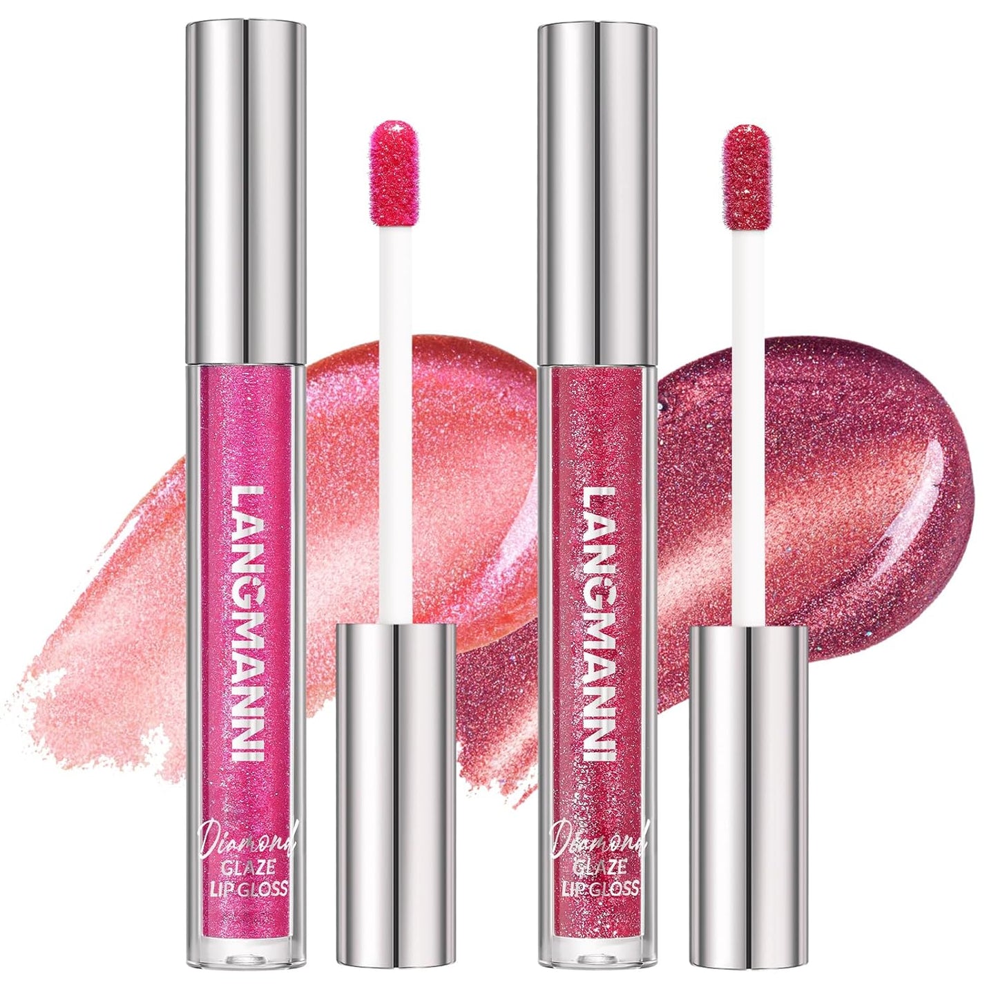 LANGMANNI 2 Colors Diamond Glitter Lip Gloss Set,Long Lasting High Shine Shimmer Liquid Lipstick Set,Hydrating,Moisturizing Lip Gloss Kit Gift Makeup For Girls(#05+06)