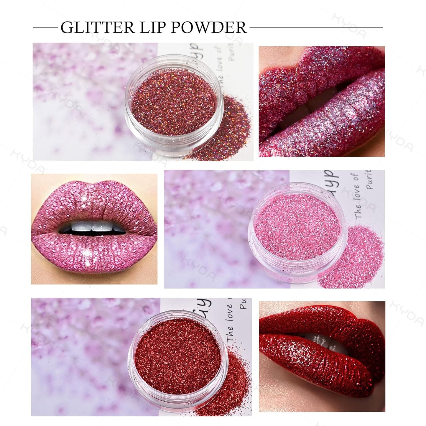 KYDA 3 Colors Glitter Lip Kit, Diamond Metllic High Pigmented Powder for Lips Cosmetics, Glitter Lips Makeup,with Lip Primer and Brush, Long Wear-Set A