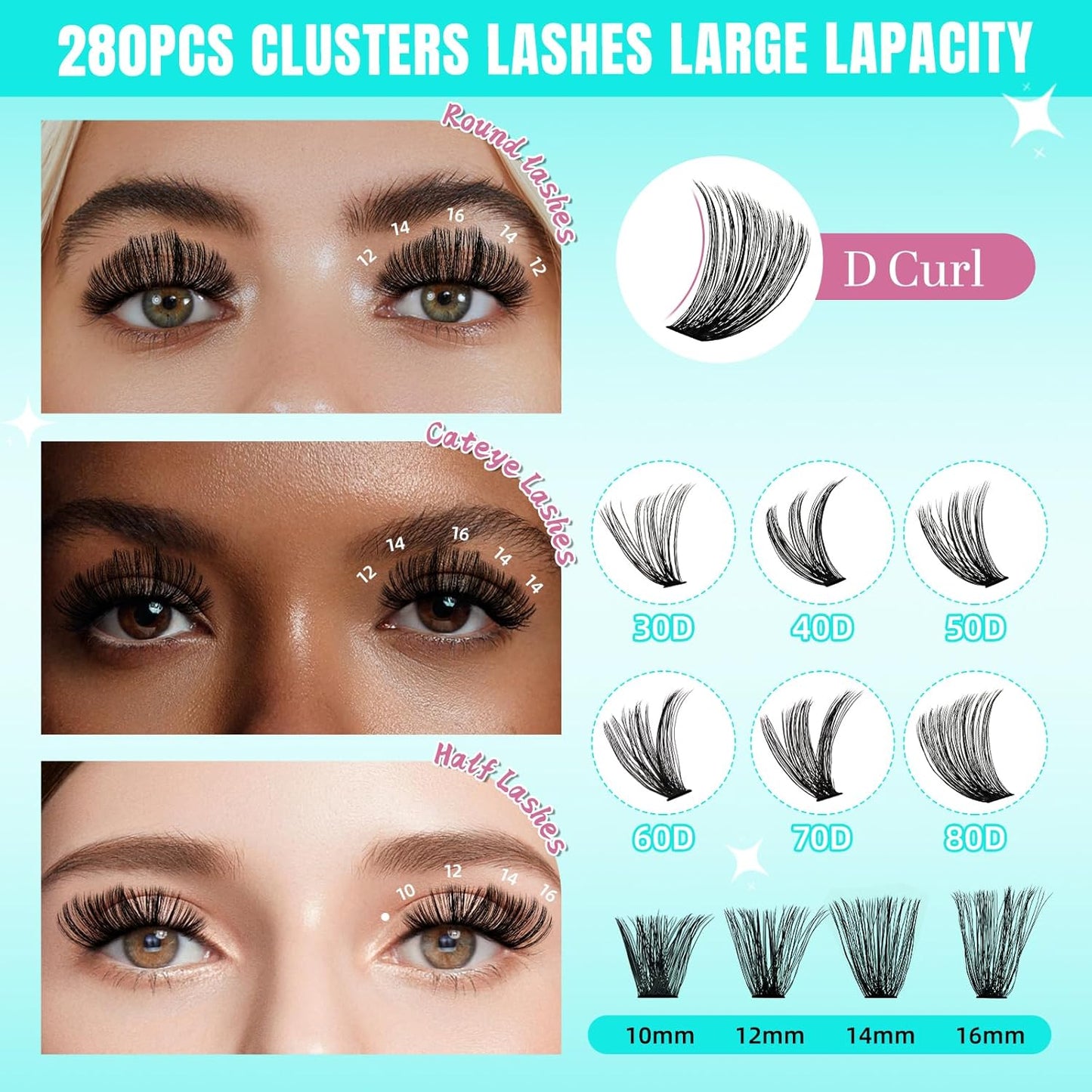 Lash Clusters Wispy 280PCS Eyelash Extension 80D Cluster Lashes Individual Lashes DIY Lash Extension Natural Look Cluster Eyelash Extensions Soft False Eyelashes at Home for Beginners(16mm)