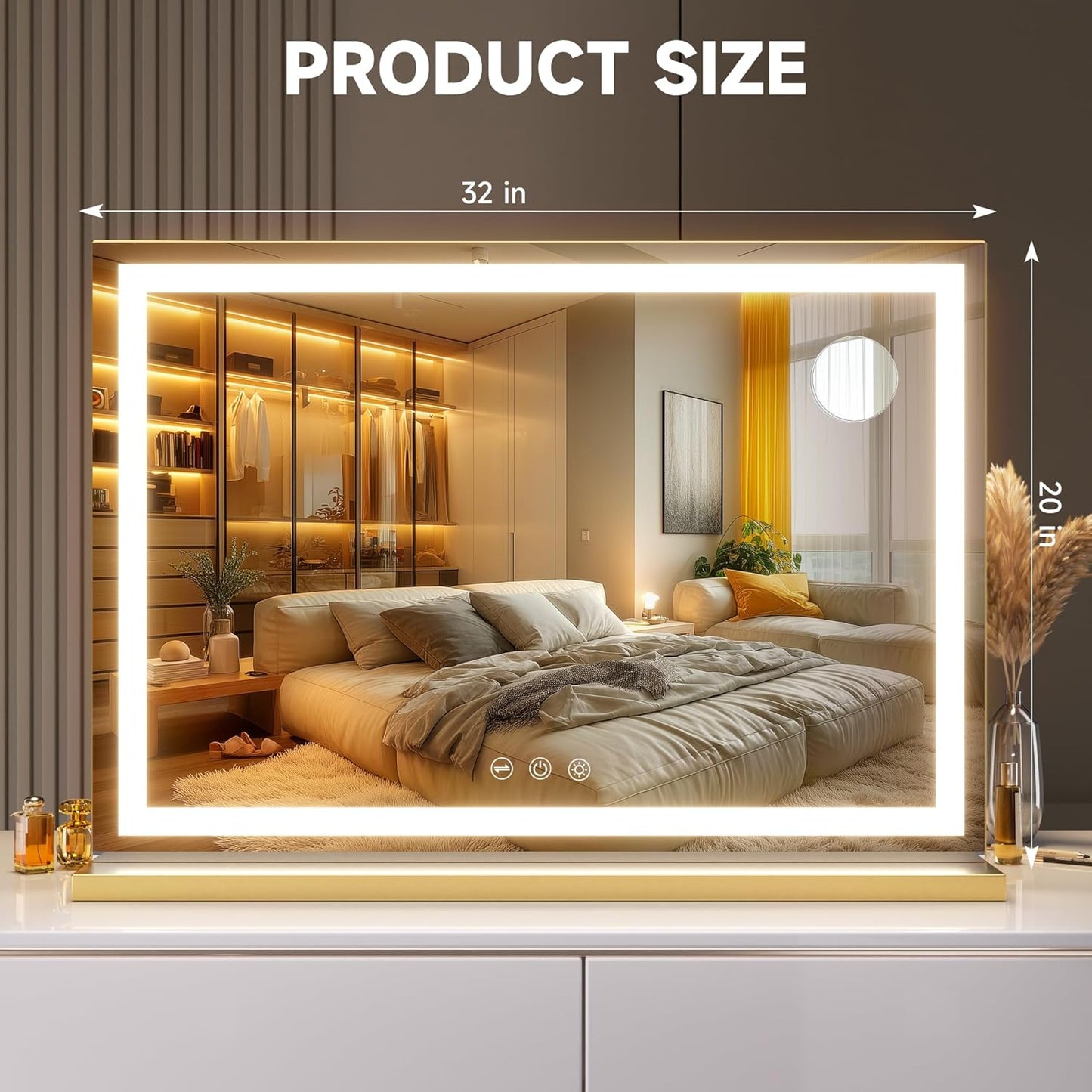 Hasipu Vanity Mirror with Lights, 32" x 20" LED Makeup Mirror, Lighted Makeup Mirror with Dimmable 3 Modes, Touch Screen Control Vanity Mirror Square Gold