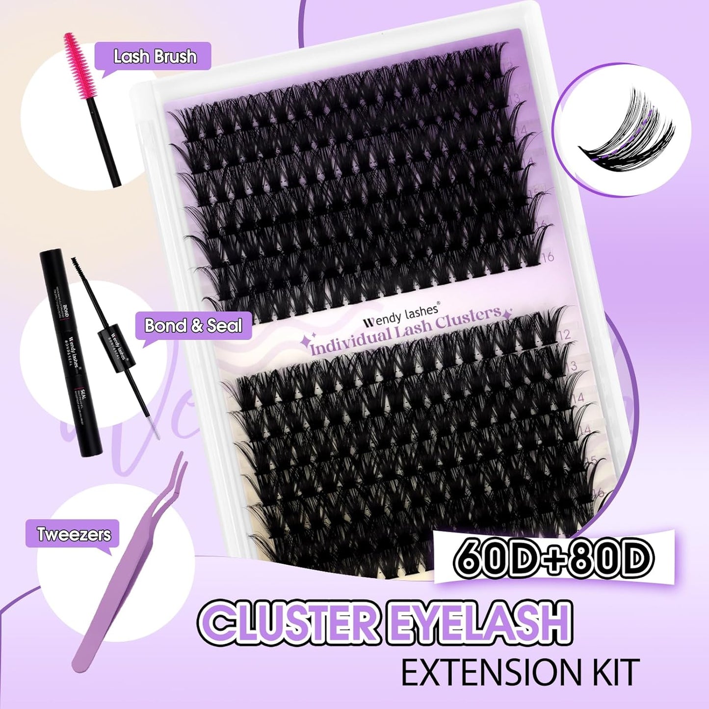 Lash Clusters Kit for Using at Home: Ultra-light, DIY, Natural, Fluffy, Wispy, Waterproof, Anime, Manga, Cat Eye, C Curl, 12-16mm, 60P+80P, Wendy, RT318