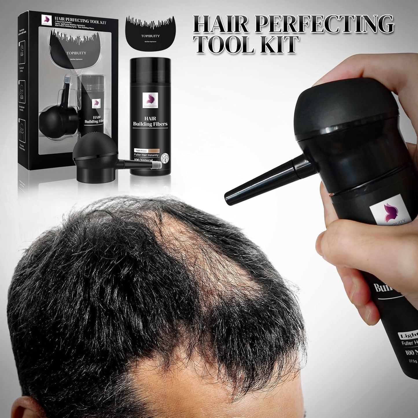 Hair Fibers & Applicator 3-in-1 Set - Natural Concealing Hair Thickening Fibers - Long-Lasting Spray with Accessory for Crisp Hairlines, Thicker Beard & Styling (light brown)