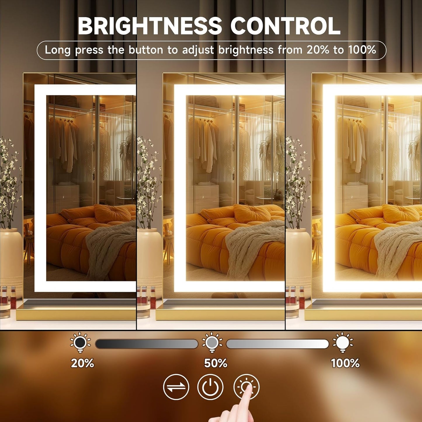 Hasipu Vanity Mirror with Lights, 28" x 20" LED Makeup Mirror, Lighted Makeup Mirror with Dimmable 3 Modes, Touch Screen Control Vanity Mirror Square Gold