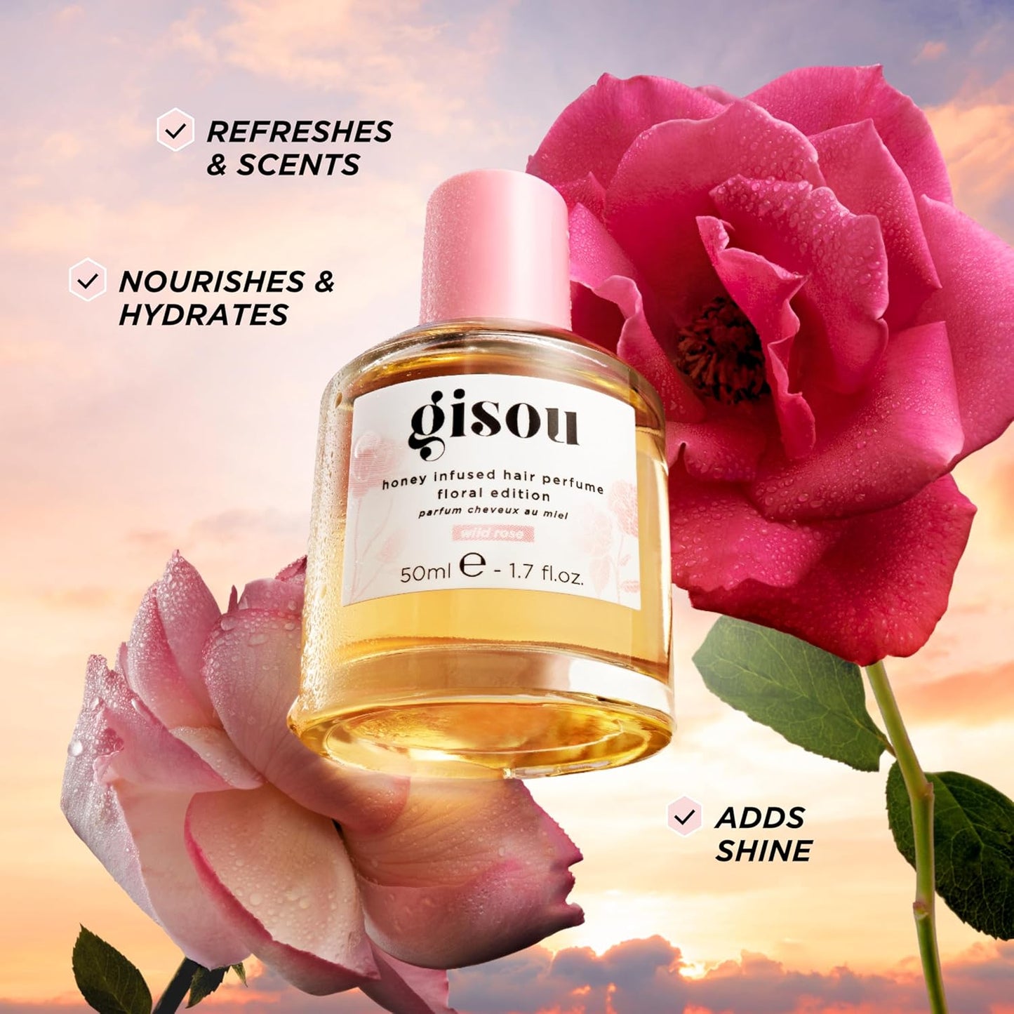 Gisou Honey Infused Hair Perfume Floral Edition - Wild Rose, A Wild Elegant Fragrance with a Romantic and Sensual Scent, Nourishing and Hydrating Hair Shine Spray (1.7 fl oz)
