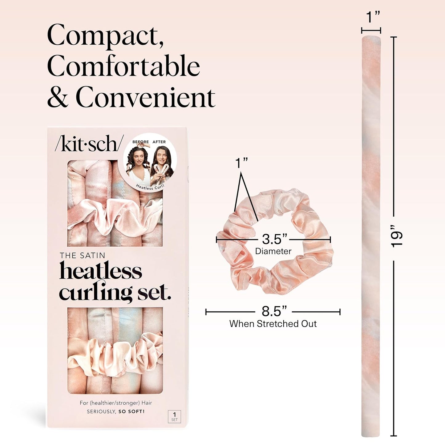 Kitsch Satin Heatless Curling Set – Heatless Curls Overnight with Hair Curler & 2 Satin Scrunchies – Hair Curlers to Sleep In for Overnight Curls – Overnight Blowout Rods – Sunset Tie Dye