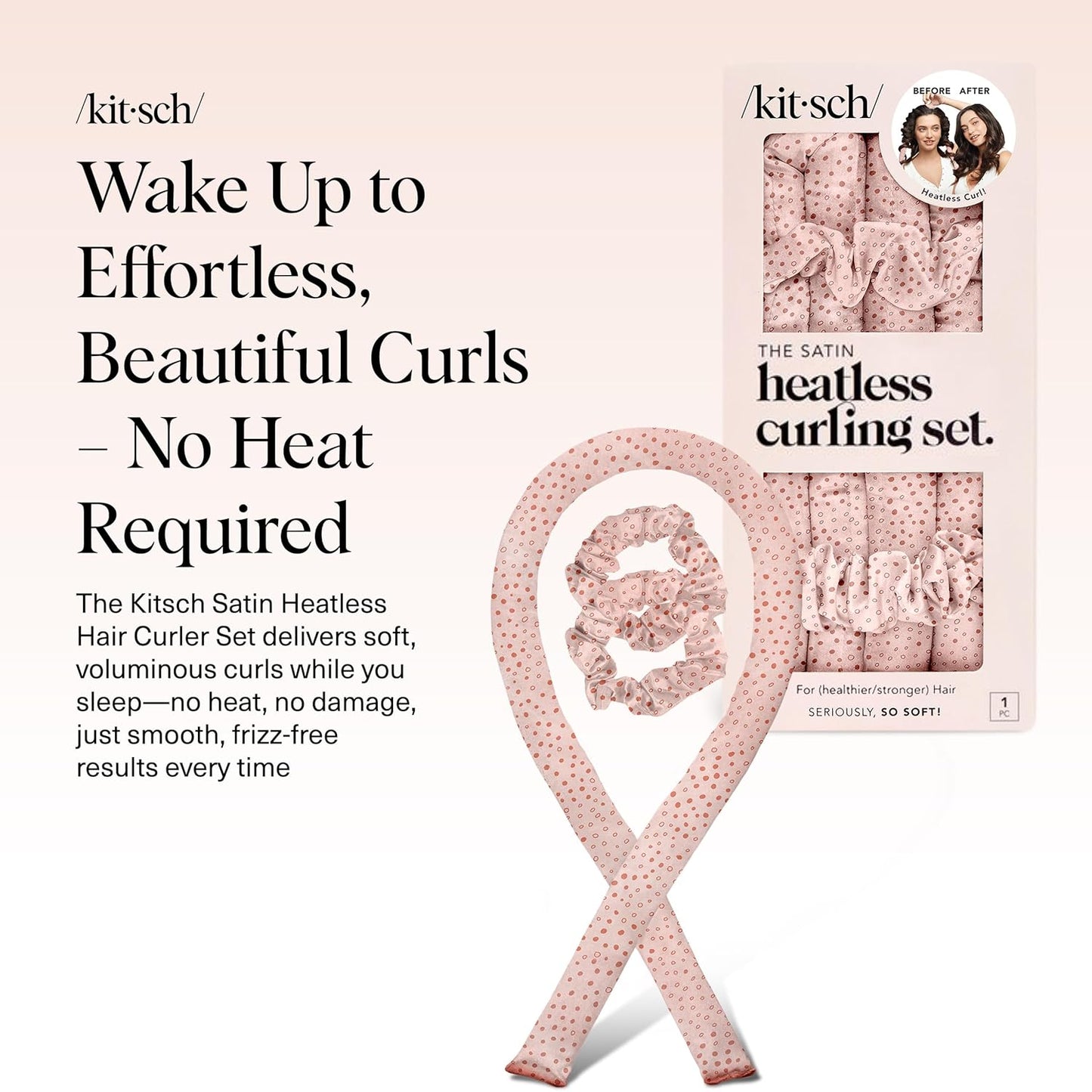 Kitsch Satin Heatless Curling Set – Heatless Hair Curler for Women, Hair Curler to Sleep In - with 2 Satin Scrunchies for Overnight Curls – No Heat Damage Styling with Heatless Curler - Micro Dot